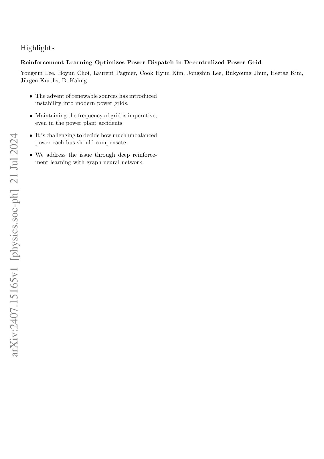 First page of Reinforcement Learning Optimizes Power Dispatch in Decentralized Power Grid