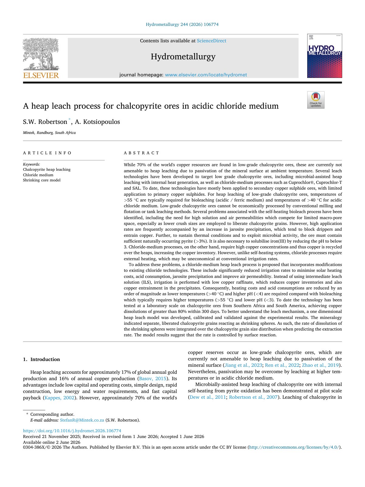 First page of A heap leach process for chalcopyrite ores in acidic chlor 2026 Hydrometallu