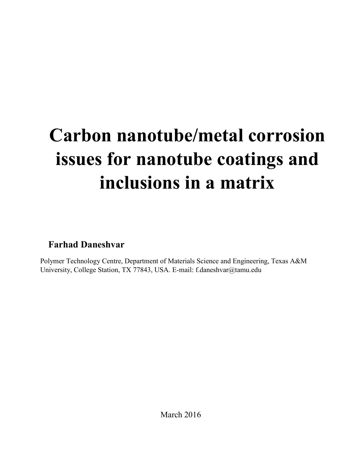 First page of 2016 Daneshvar CNT Metal Corrosion Coatings Review