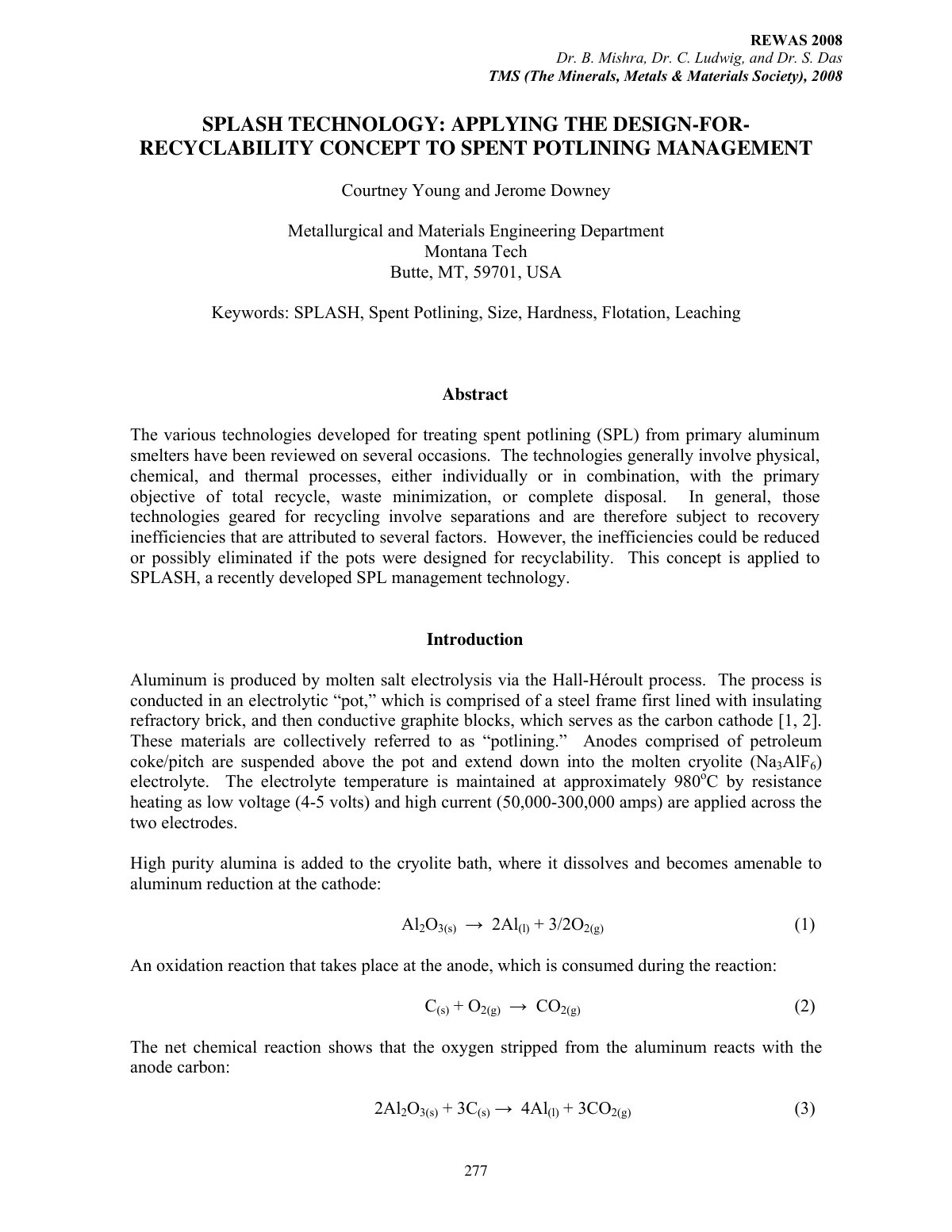 First page of SPLASH TECHNOLOGY: APPLYING THE DESIGN-FOR-RECYCLABILITY CONCEPT TO SPENT POTLINING MANAGEMENT