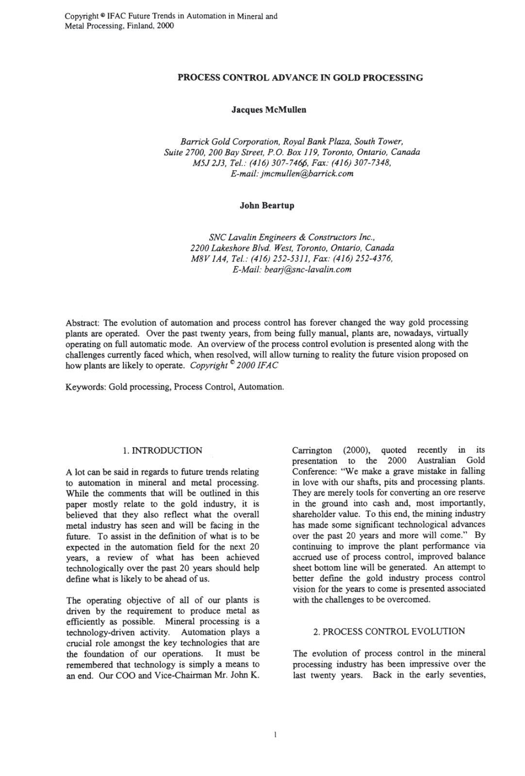 First page of Process control advance in gold processi