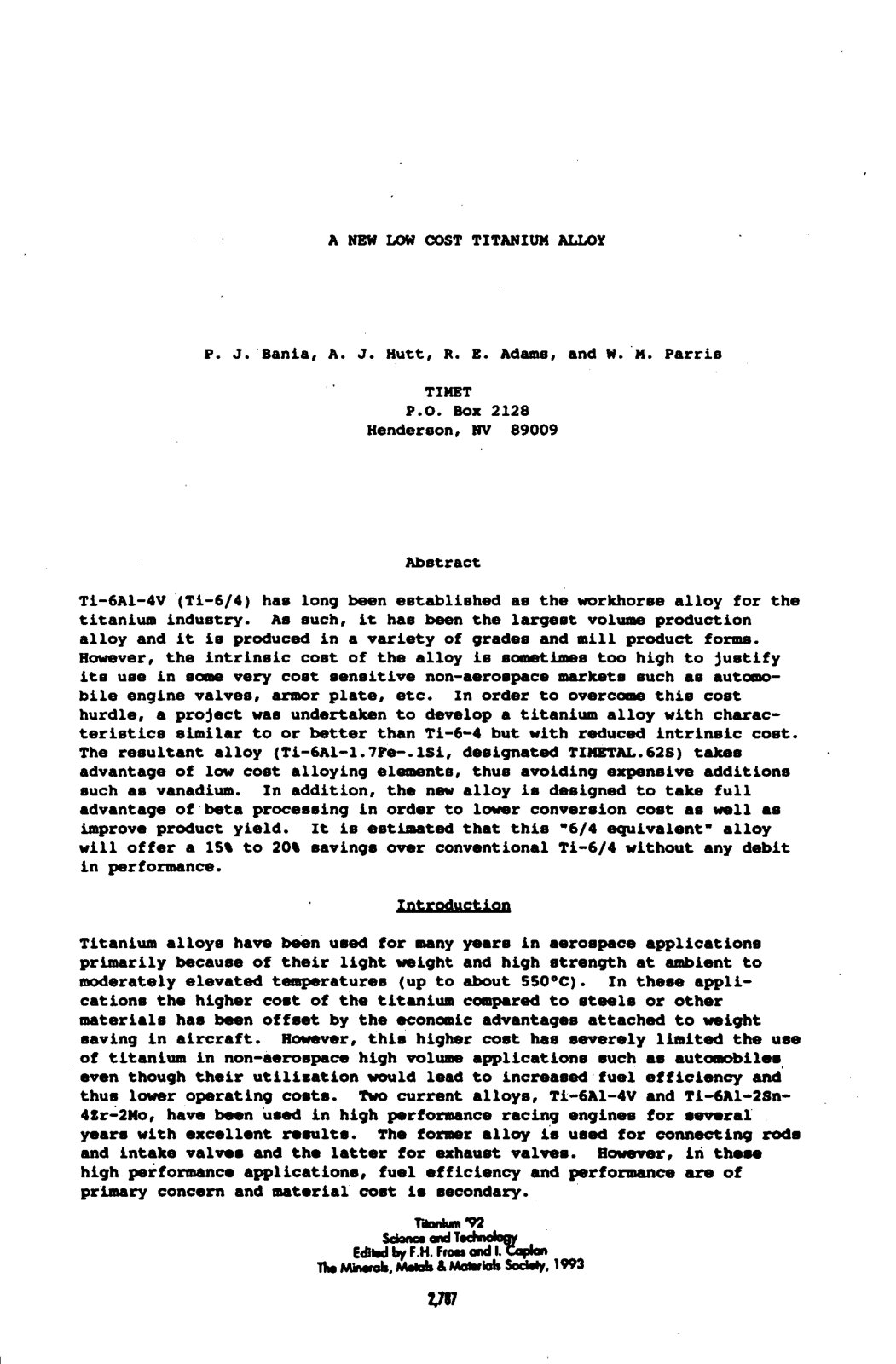 First page of 1992 Vol.3 4 A New Low Cost Titanium Alloy P. J. Bania