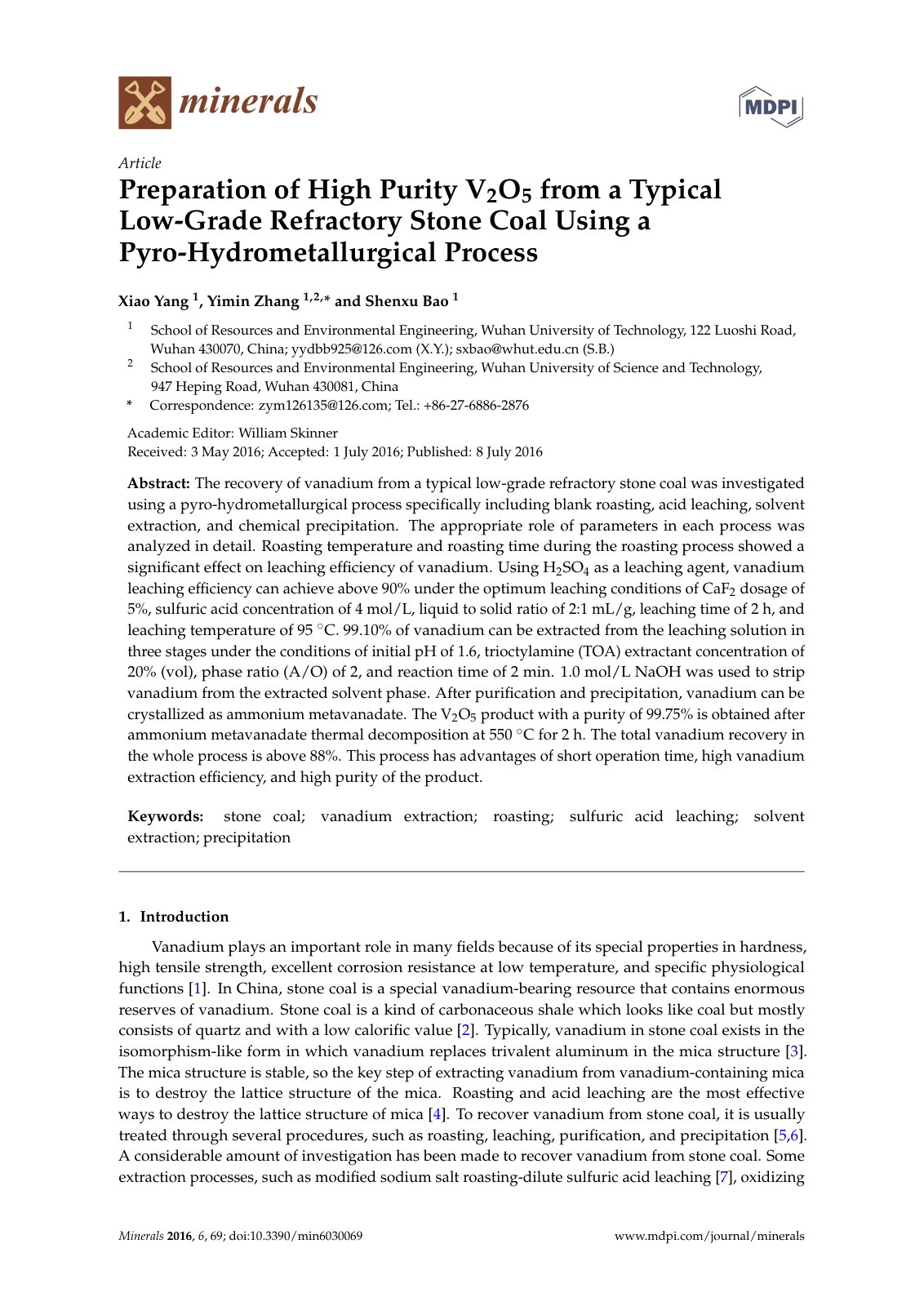 First page of Preparation of High Purity V2O5 from a Typical Low-Grade Refractory Stone Coal Using a Pyro-Hydrometallurgical Process