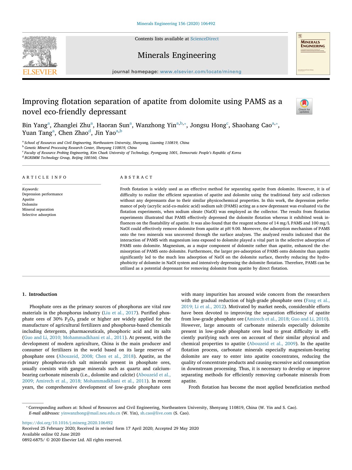 First page of Improving flotation separation of apatite from dolomite usi 2020 Minerals En