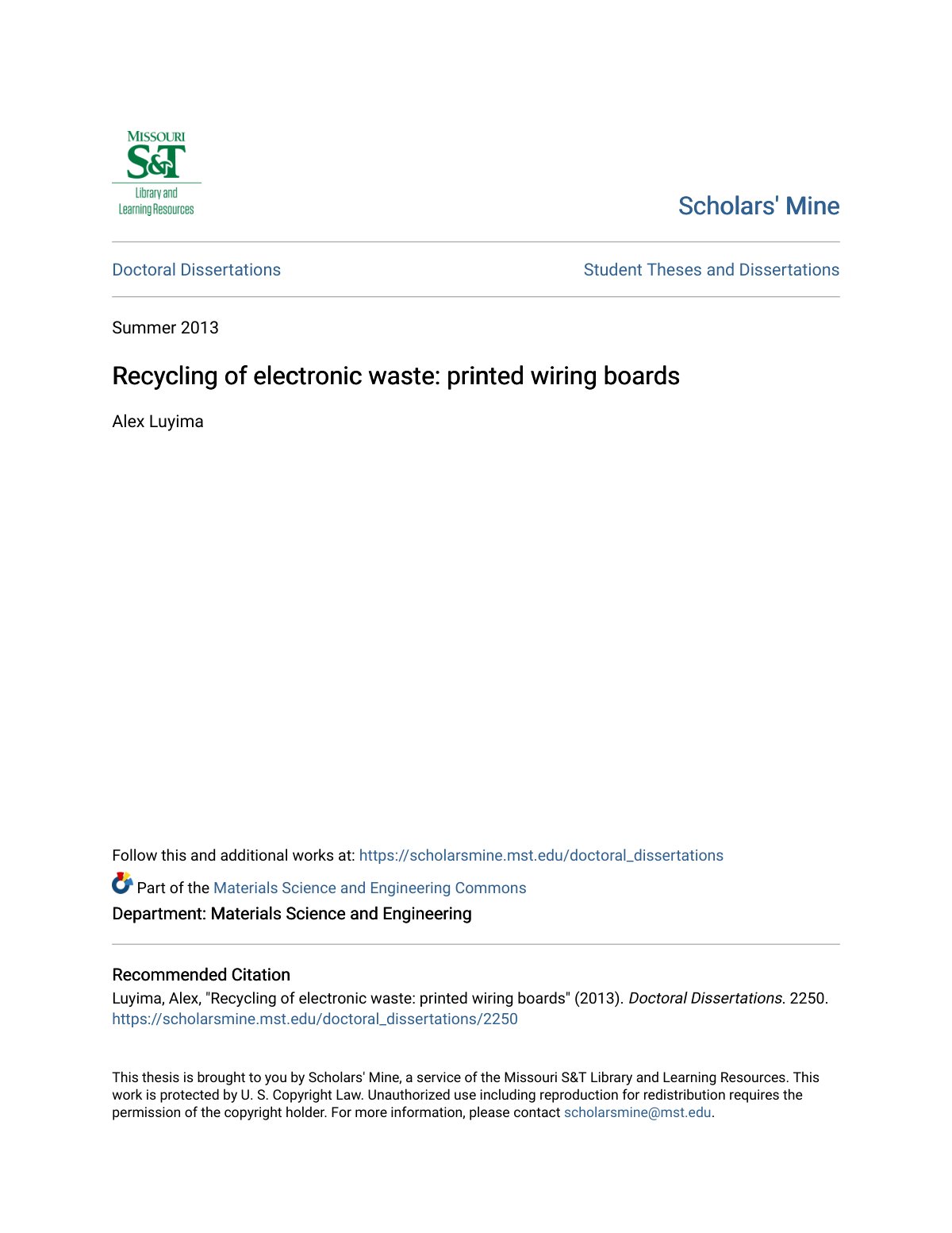 First page of Recycling of electronic waste Printed wi
