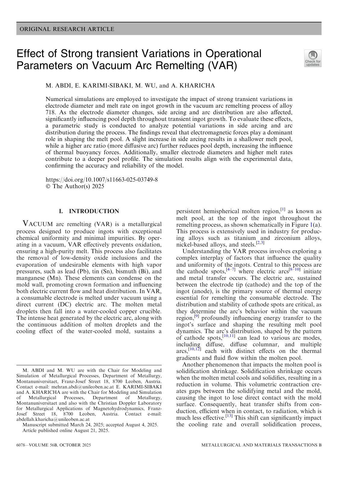 First page of 2025 M. Abdi Effect of Strong transient Variations in Operational Parameters on Vacuum Arc Remelting VAR  s11663 025 03749 8