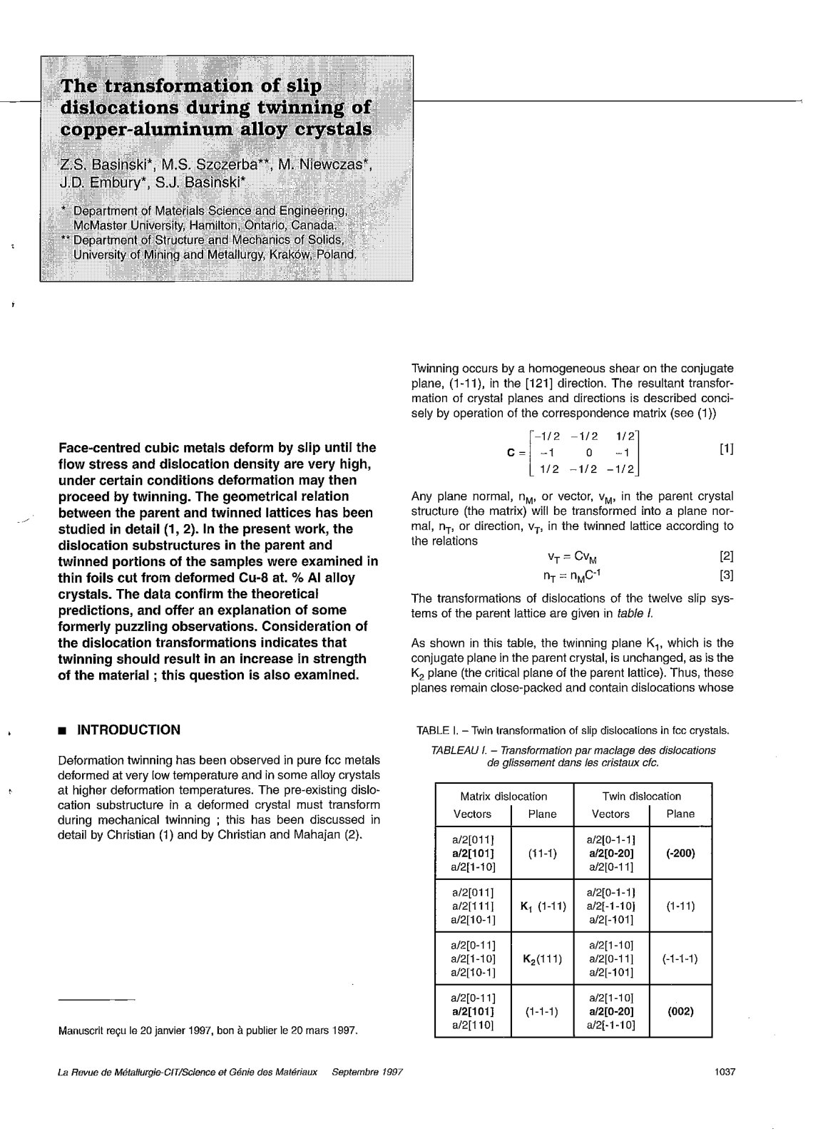First page of Basinski Szczerba Niewczas Embury Basinski Thetransformationofslipdislocationsduringtwinningofcopper aluminumalloycrystals