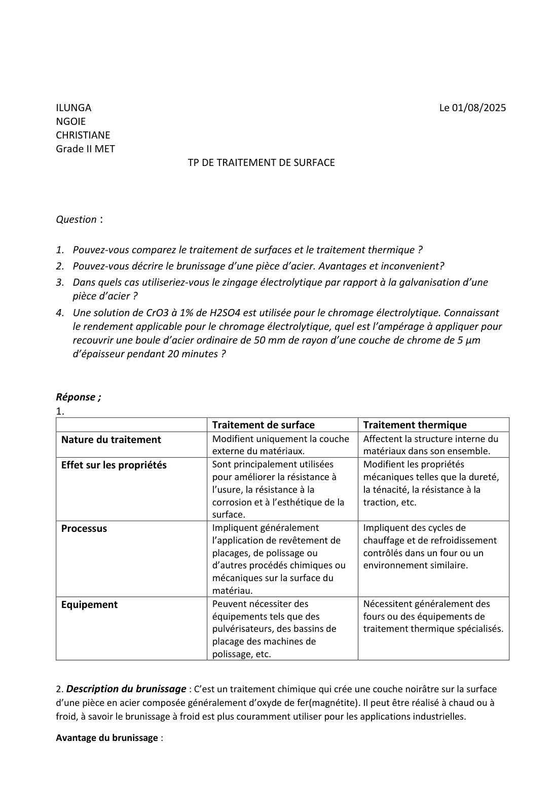 First page of Traitement de surfaces - Christiane Ilunga