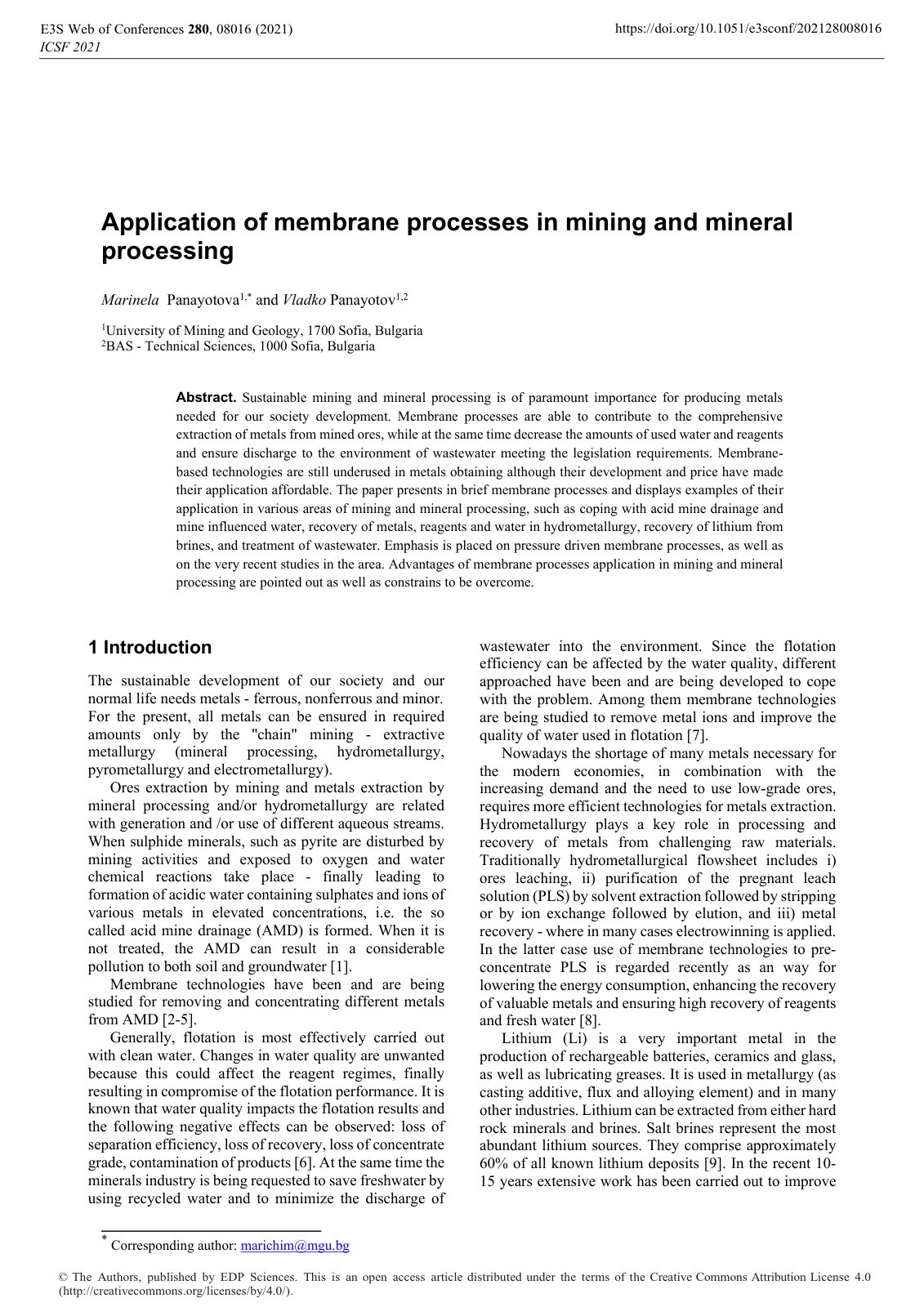 First page of Application of membrane processes in min