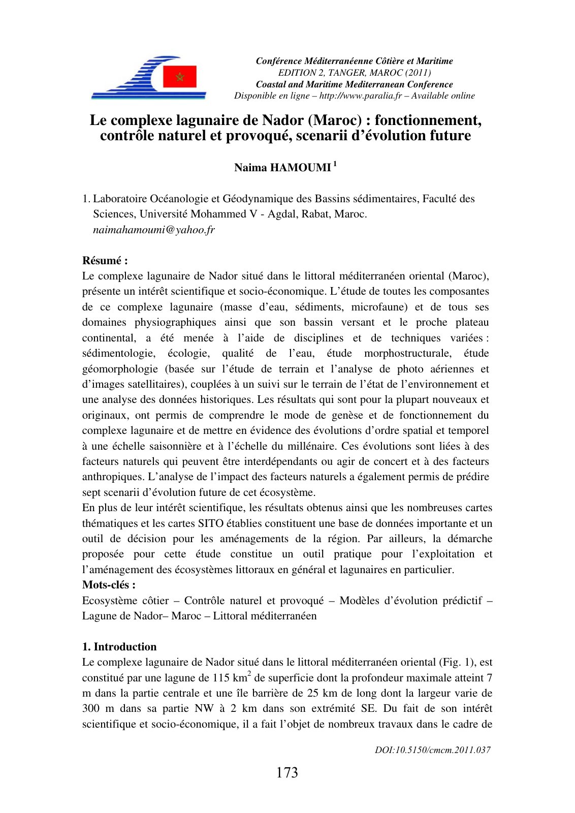 First page of Le complexe lagunaire de Nador (Maroc) : fonctionnement, contrôle naturel et provoqué, scenarii d’évolution future