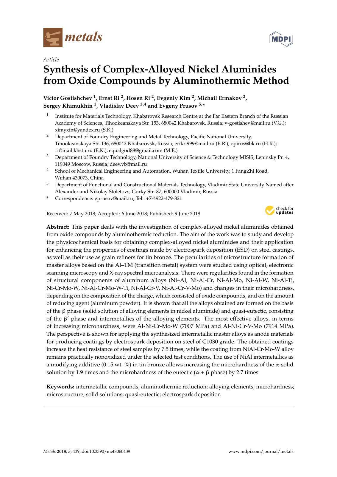 First page of Synthesis of Complex-Alloyed Nickel Aluminides from Oxide Compounds by Aluminothermic Method