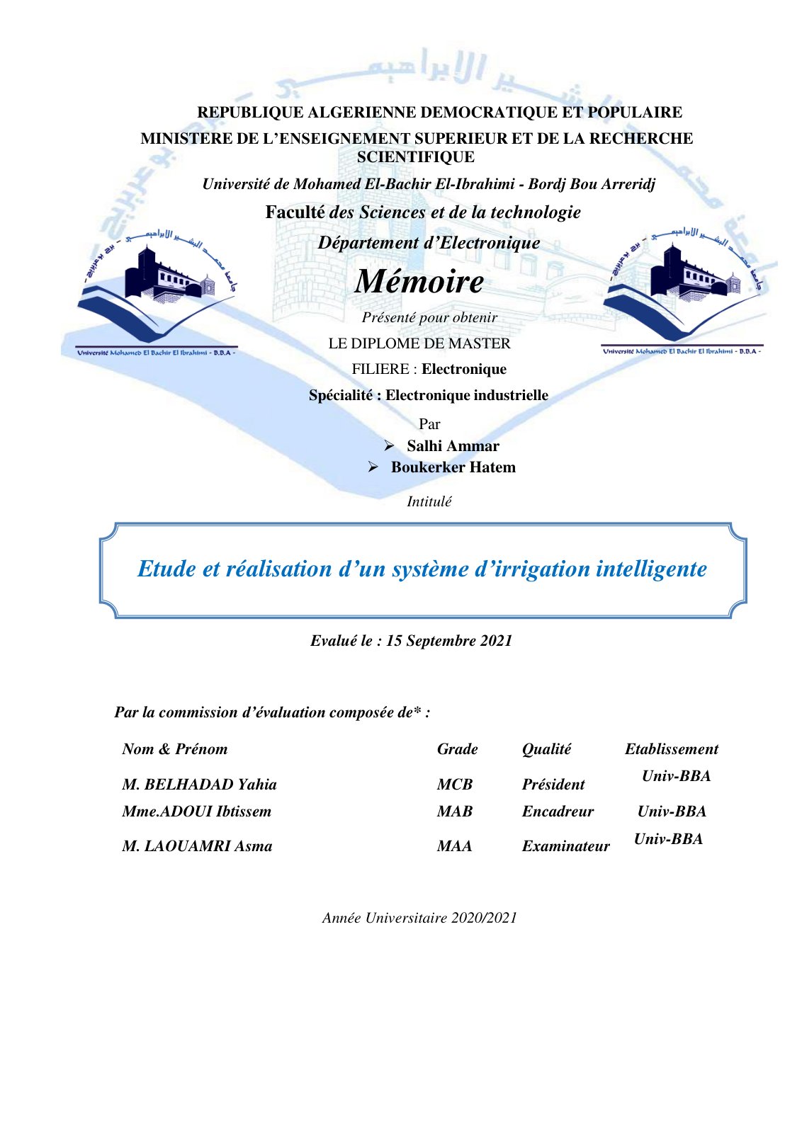 First page of Etude et réalisation d’un système d’irrigation intelligente
