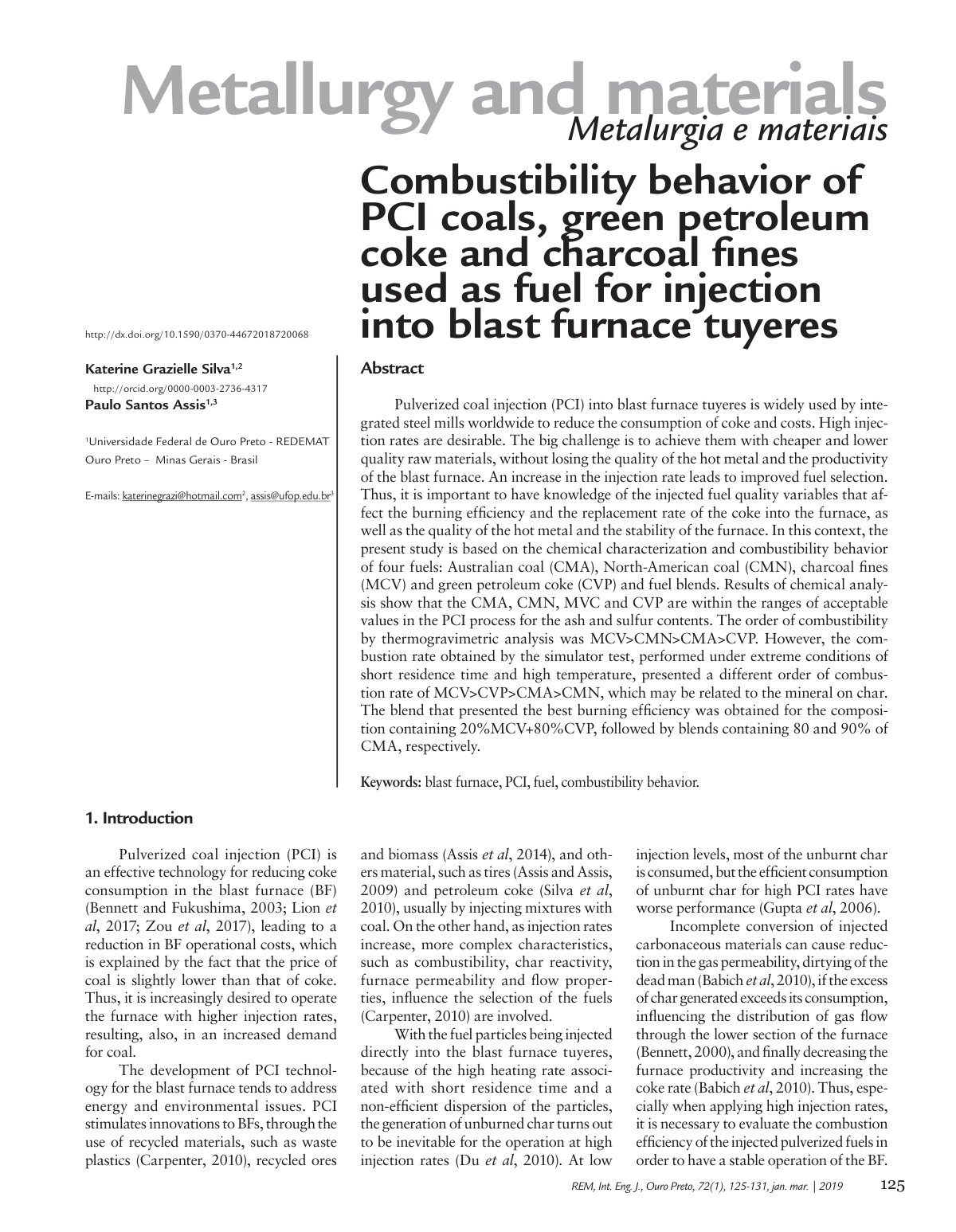 First page of Combustibility behavior of PCI coals gre
