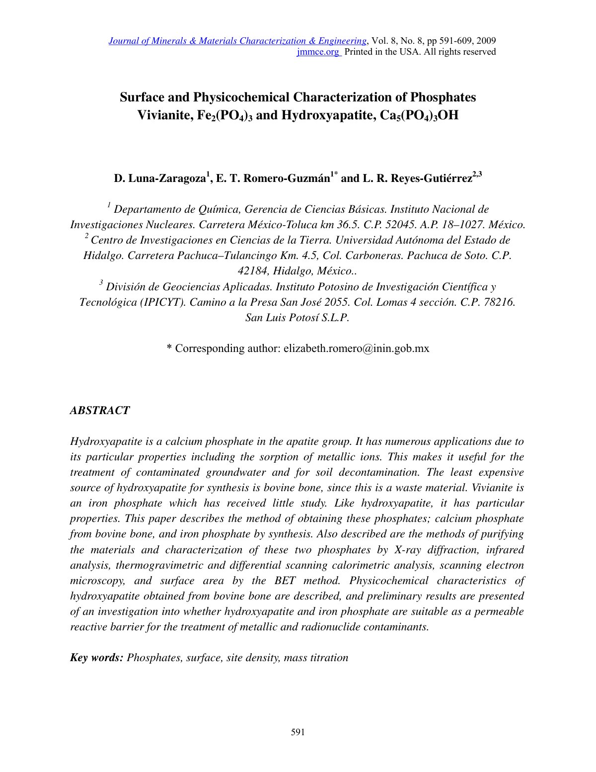 First page of Surface and Physicochemical Characterization of Phosphates Vivianite, Fe2(PO4)3 and Hydroxyapatite, Ca5(PO4)3OH