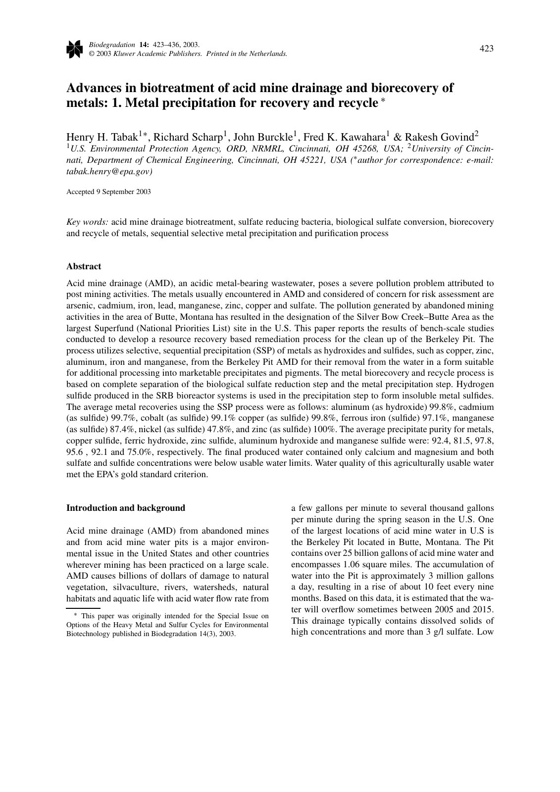 First page of Advances in biotreatment of acid mine dr