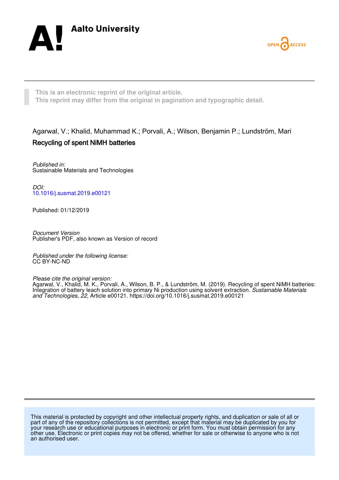 First page of CHEM Agarwal etal Recycling of spent NiMH JSusmat