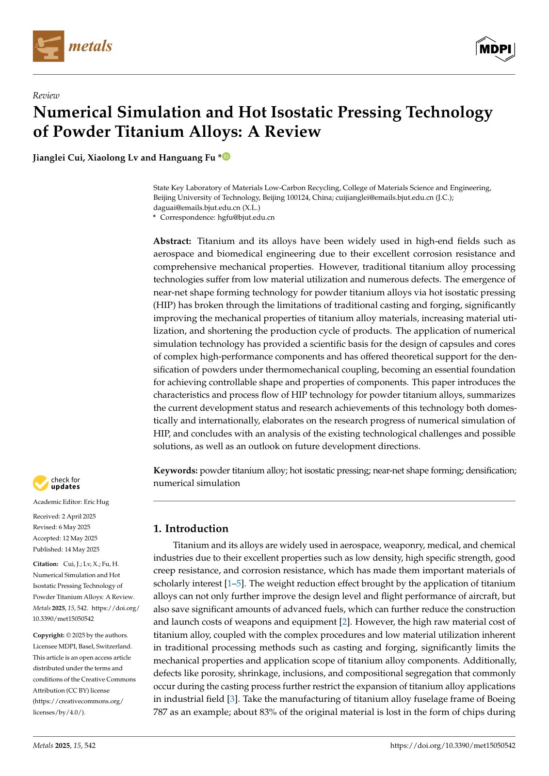 First page of Numerical Simulation and Hot Isostatic Pressing Technology of Powder Titanium Alloys: A Review