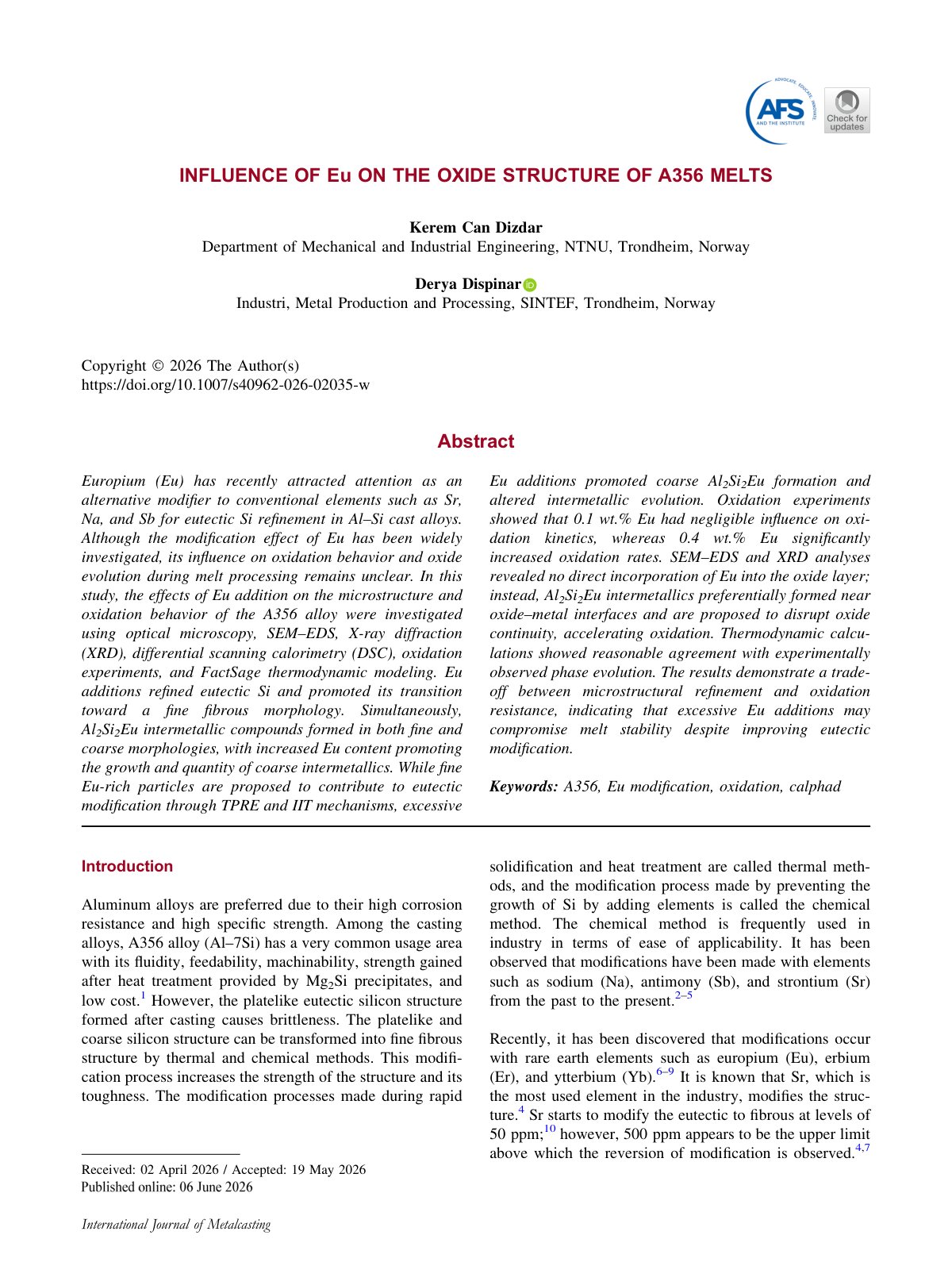 First page of 2026 Dizdar Eu Oxide Structure A356 Melts