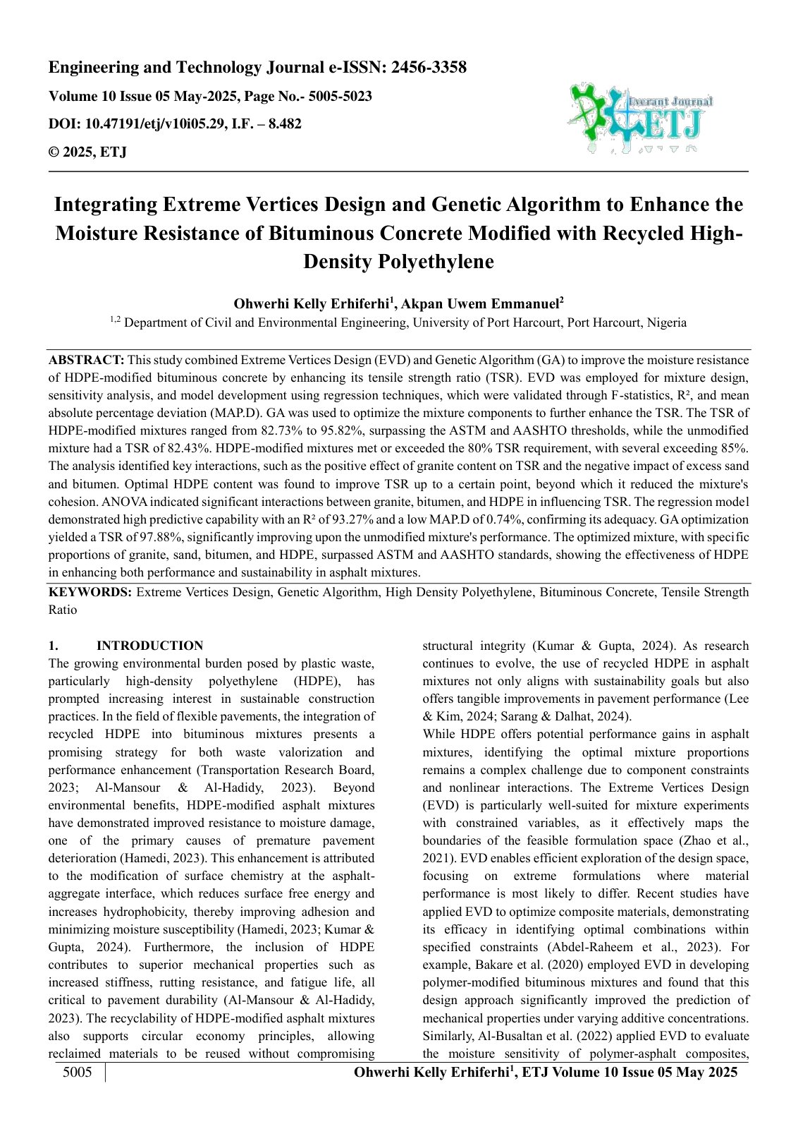 First page of Integrating Extreme Vertices Design and Genetic Algorithm to Enhance the  Moisture Resistance of Bituminous Concrete Modified with Recycled High Density Polyethylene  