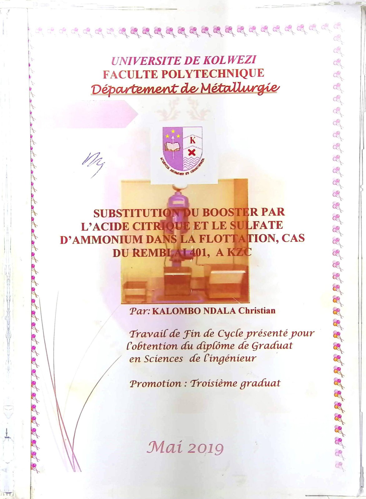 First page of SUBSTITUTI L'ACIDE CIT D' AMMONIUM DA DURE UBOOST RPAR E T LE SU FATE A FLOT ION, CAS