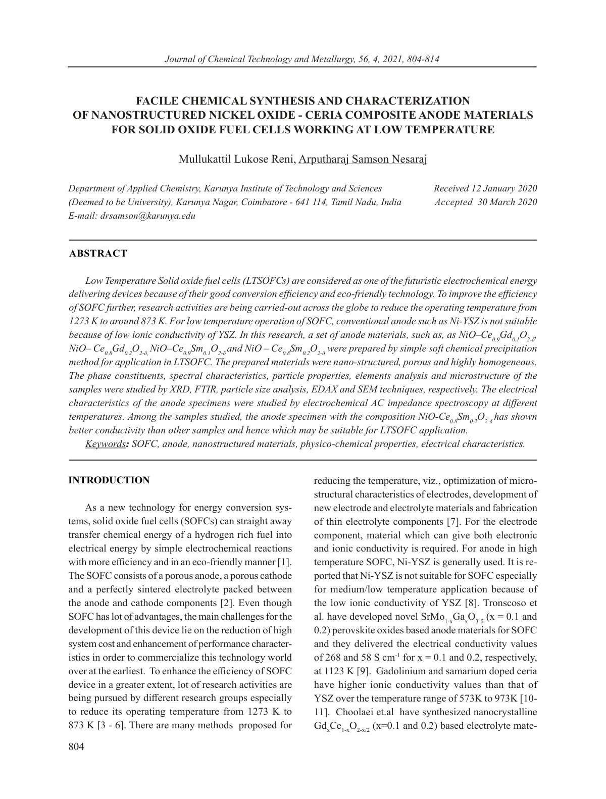 First page of FACILE CHEMICAL SYNTHESIS AND CHARACTERIZATION OF NANOSTRUCTURED NICKEL OXIDE - CERIA COMPOSITE ANODE MATERIALS FOR SOLID OXIDE FUEL CELLS WORKING AT LOW TEMPERATURE
