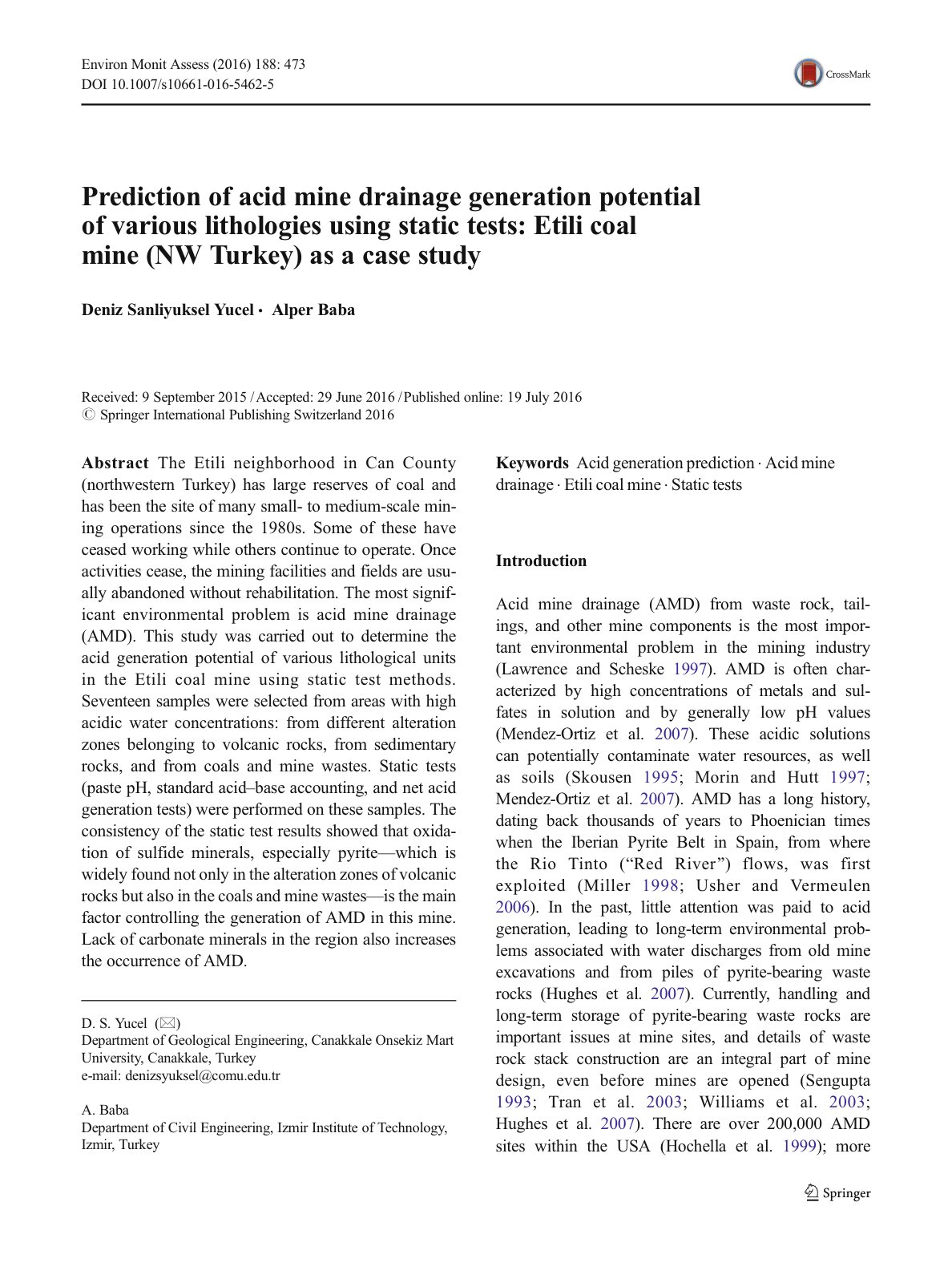 First page of Prediction of acid mine drainage generation potential of various lithologies using static tests: Etili coal mine (NW Turkey) as a case study