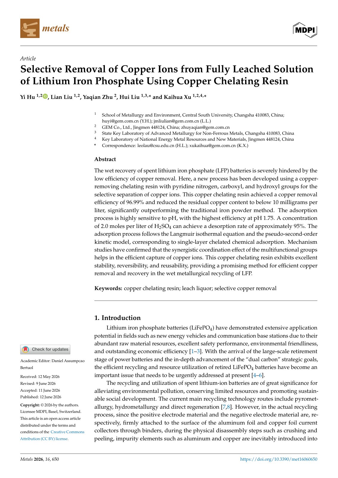 First page of 2026   Hu   Copper removal from LFP leach solution