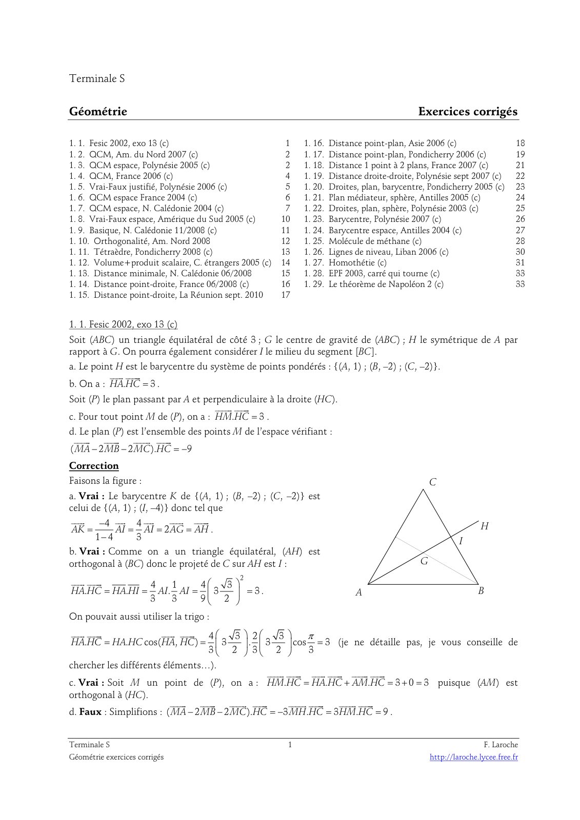 First page of exercices geometrie corriges