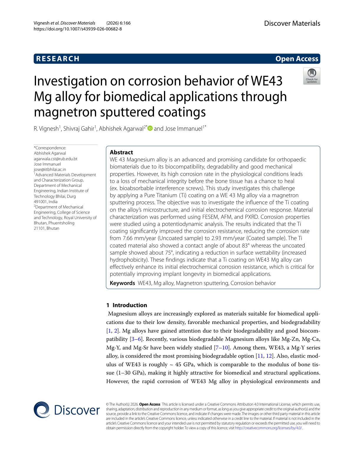 First page of Investigation on corrosion behavior of WE43 Mg alloy for biomedical applications through magnetron sputtered coatings