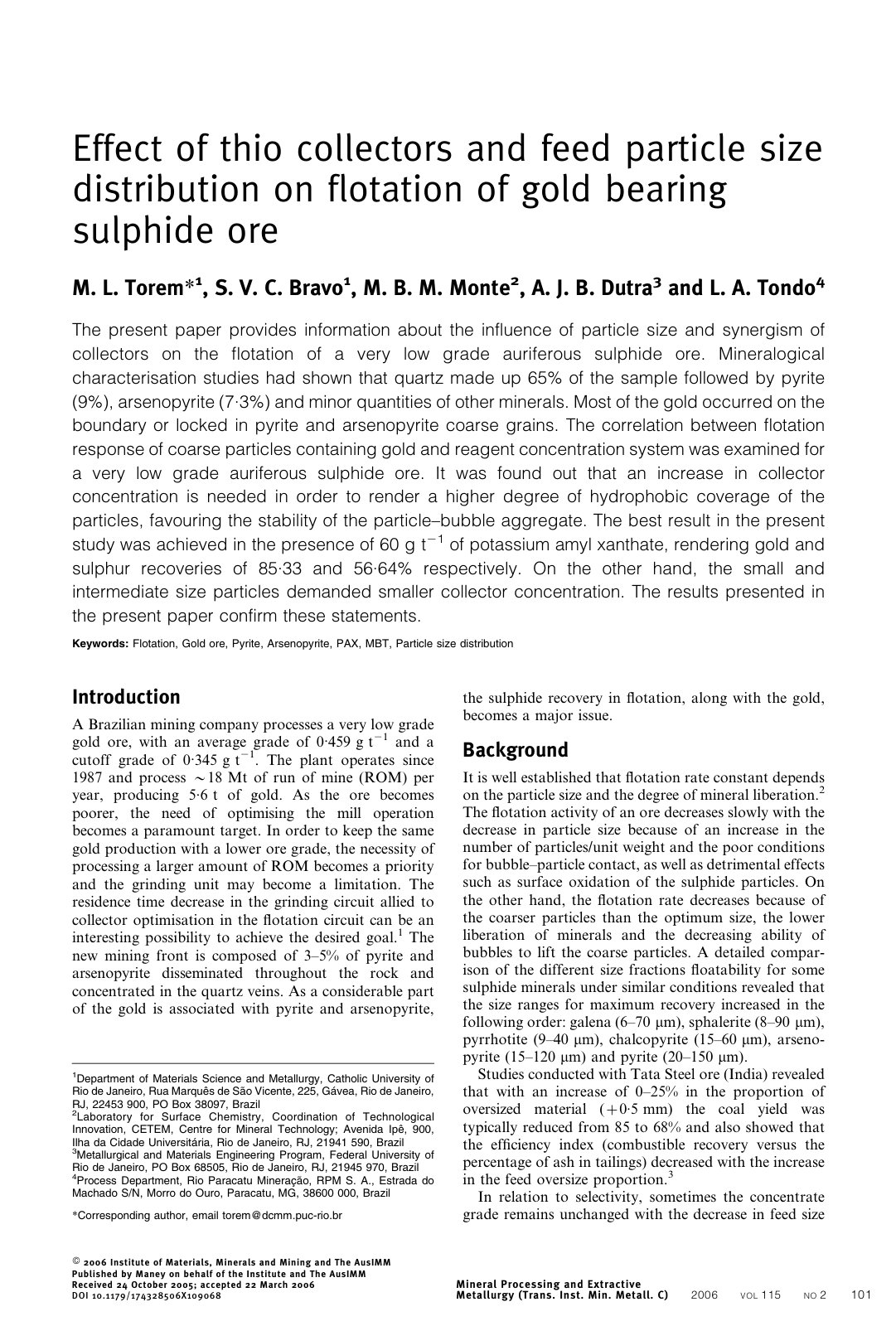 First page of Effect of thio collectors and feed parti