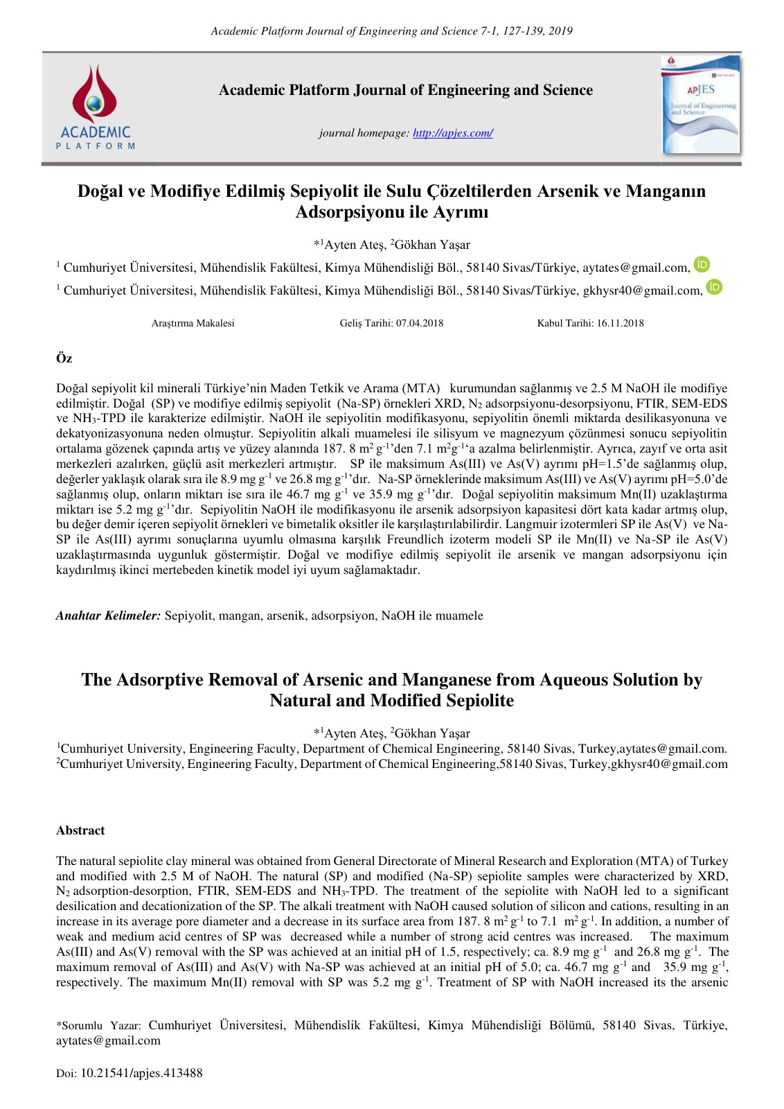 First page of Doğal ve Modifiye Edilmiş Sepiyolit ile Sulu Çözeltilerden Arsenik ve Manganın Adsorpsiyonu ile Ayrımı