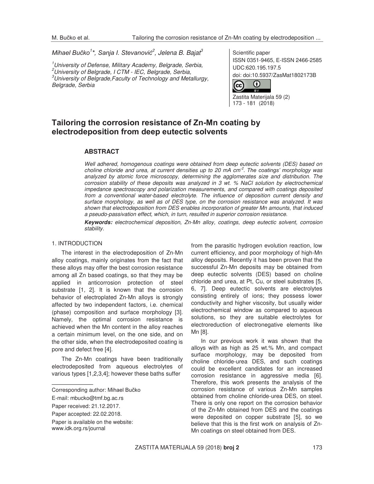 First page of Tailoring the corrosion resistance of Zn-Mn coating by electrodeposition from deep eutectic solvents