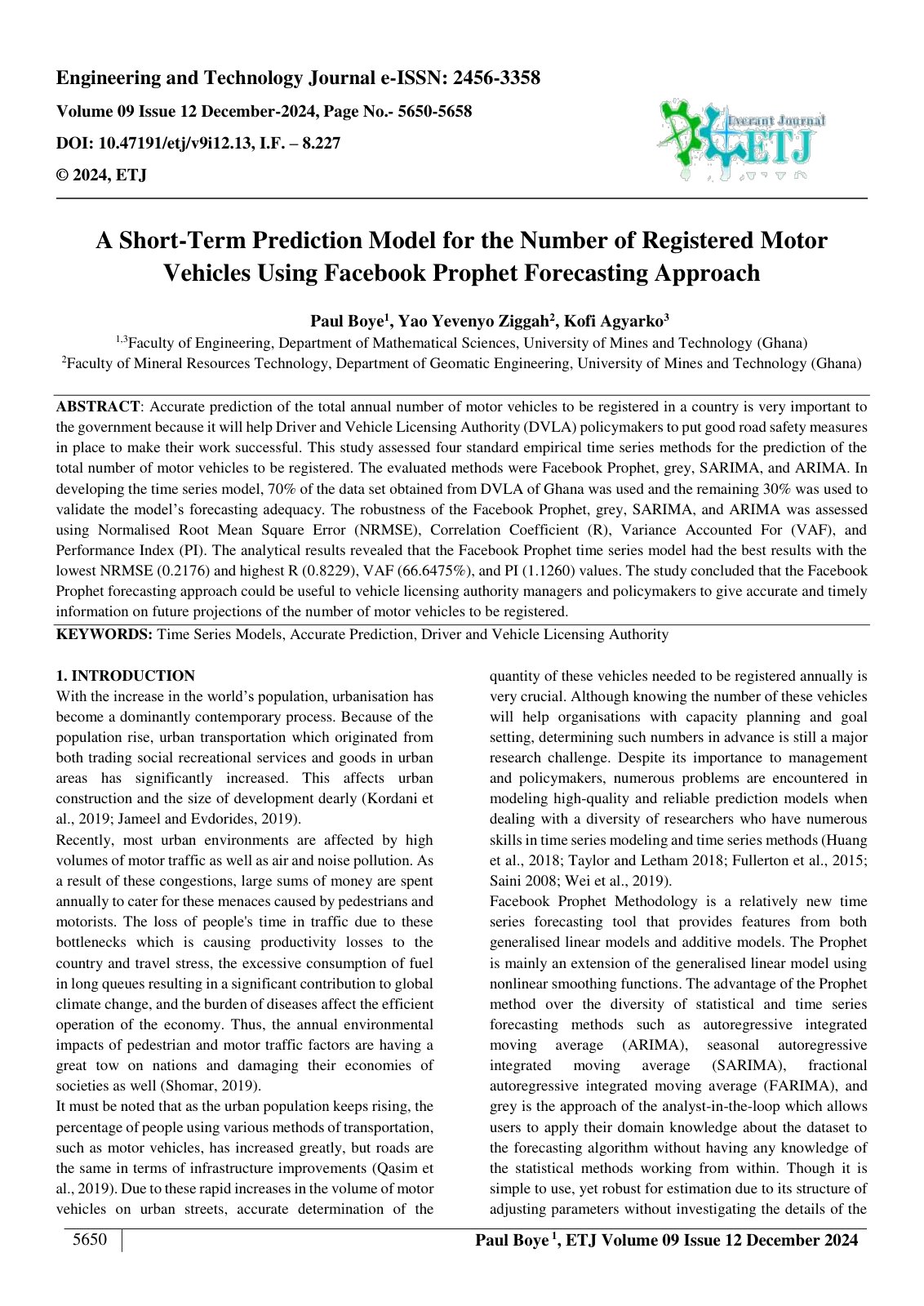 First page of A Short Term Prediction Model for the Number of Registered Motor 