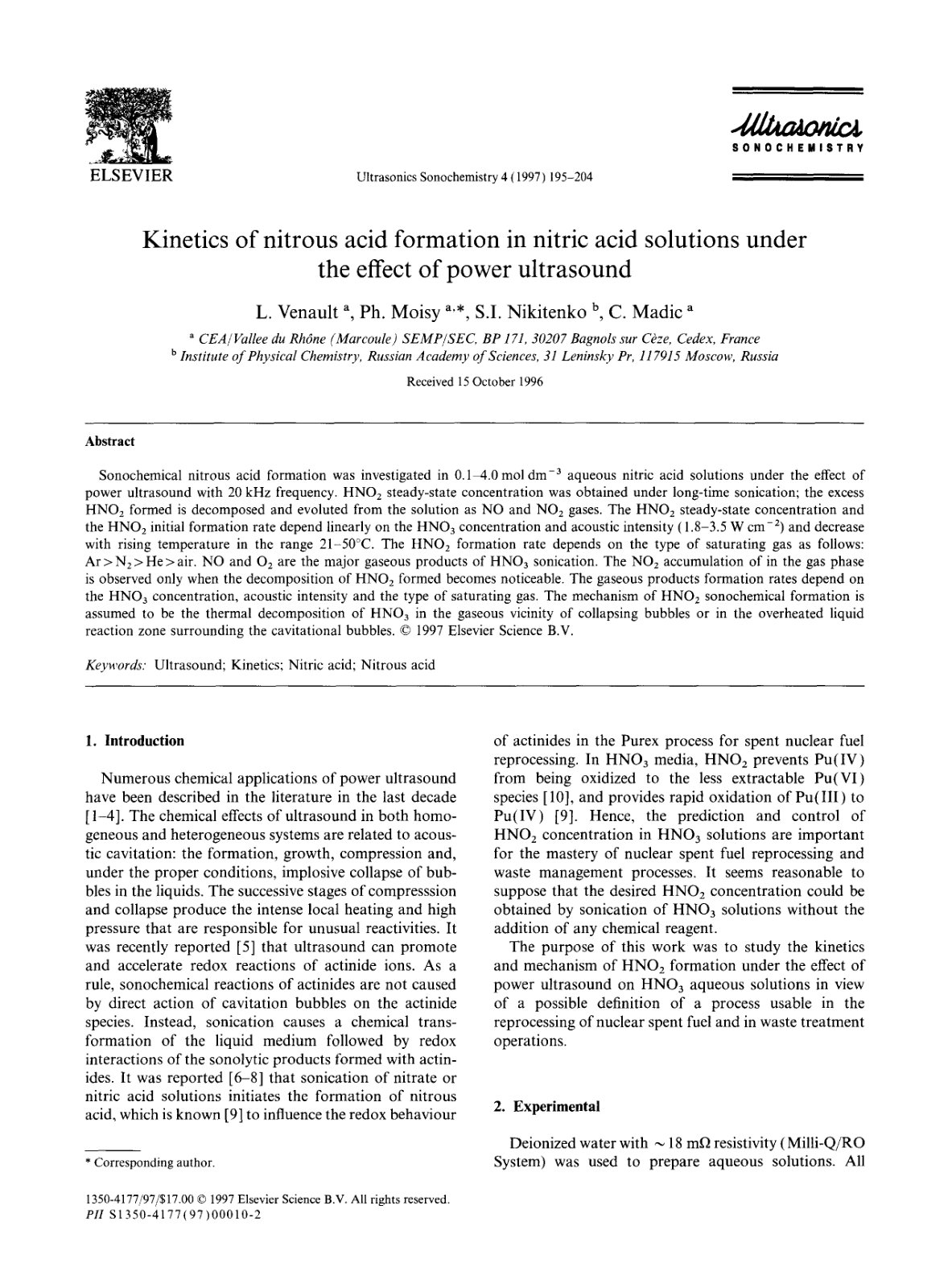 First page of Kinetics of nitrous acid formation in nitric acid solutions under the effect of power ultrasound