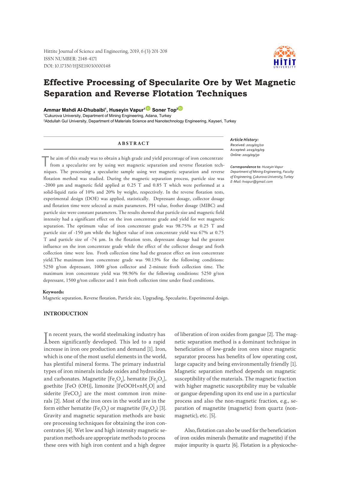 First page of Effective Processing of Specularite Ore by Wet Magnetic Separation and Reverse Flotation Techniques