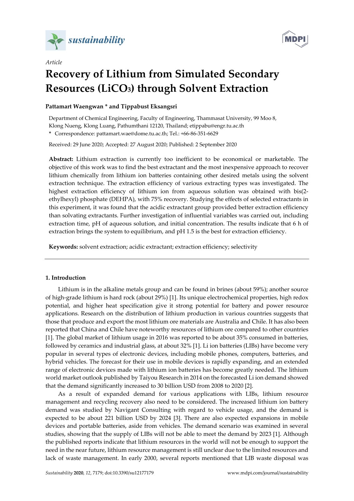 First page of Recovery of Lithium from Simulated Secondary Resources (LiCO3) through Solvent Extraction