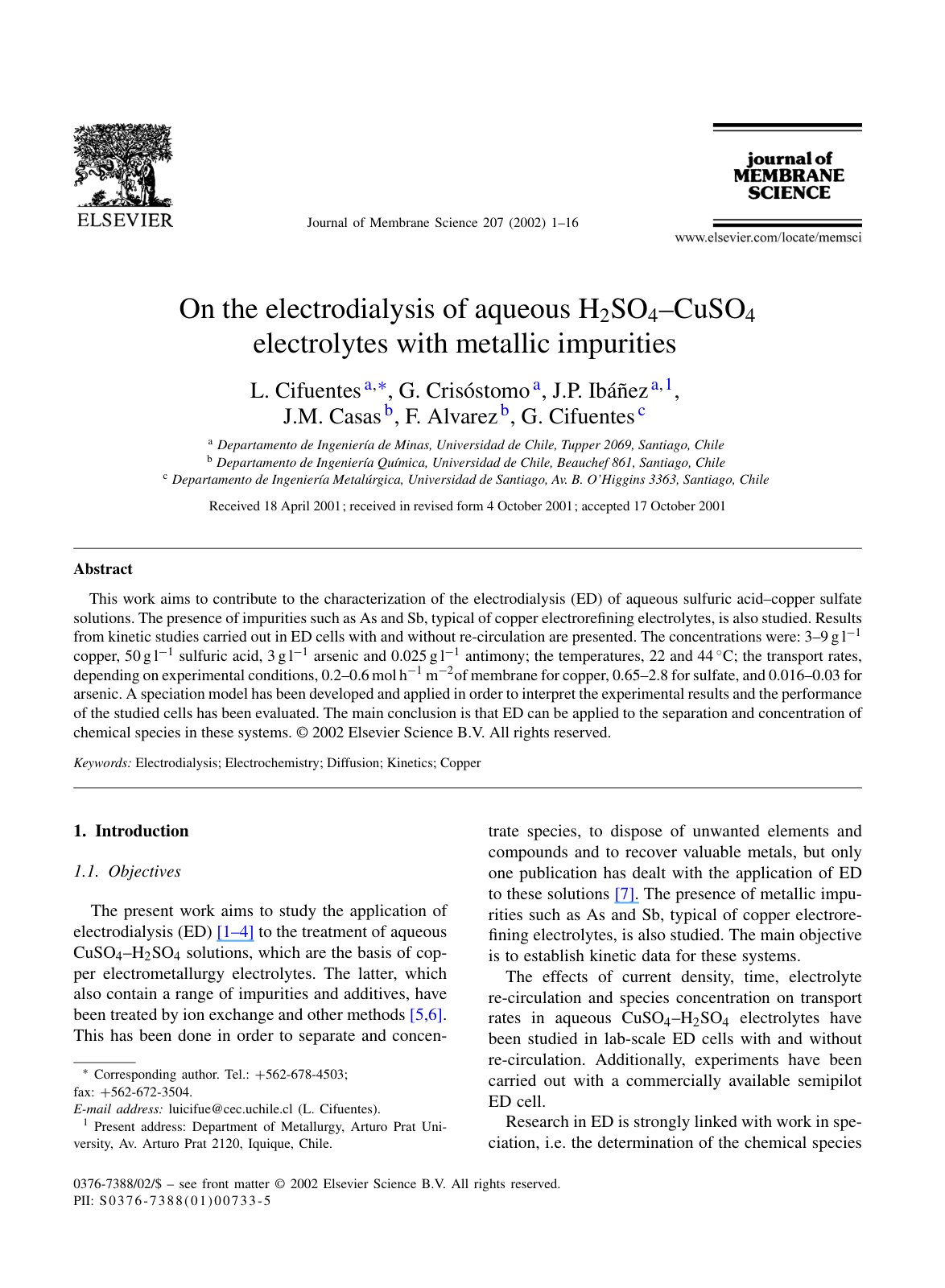 First page of On the electrodialysis of aqueous H2SO4–CuSO4 electrolytes with metallic impurities