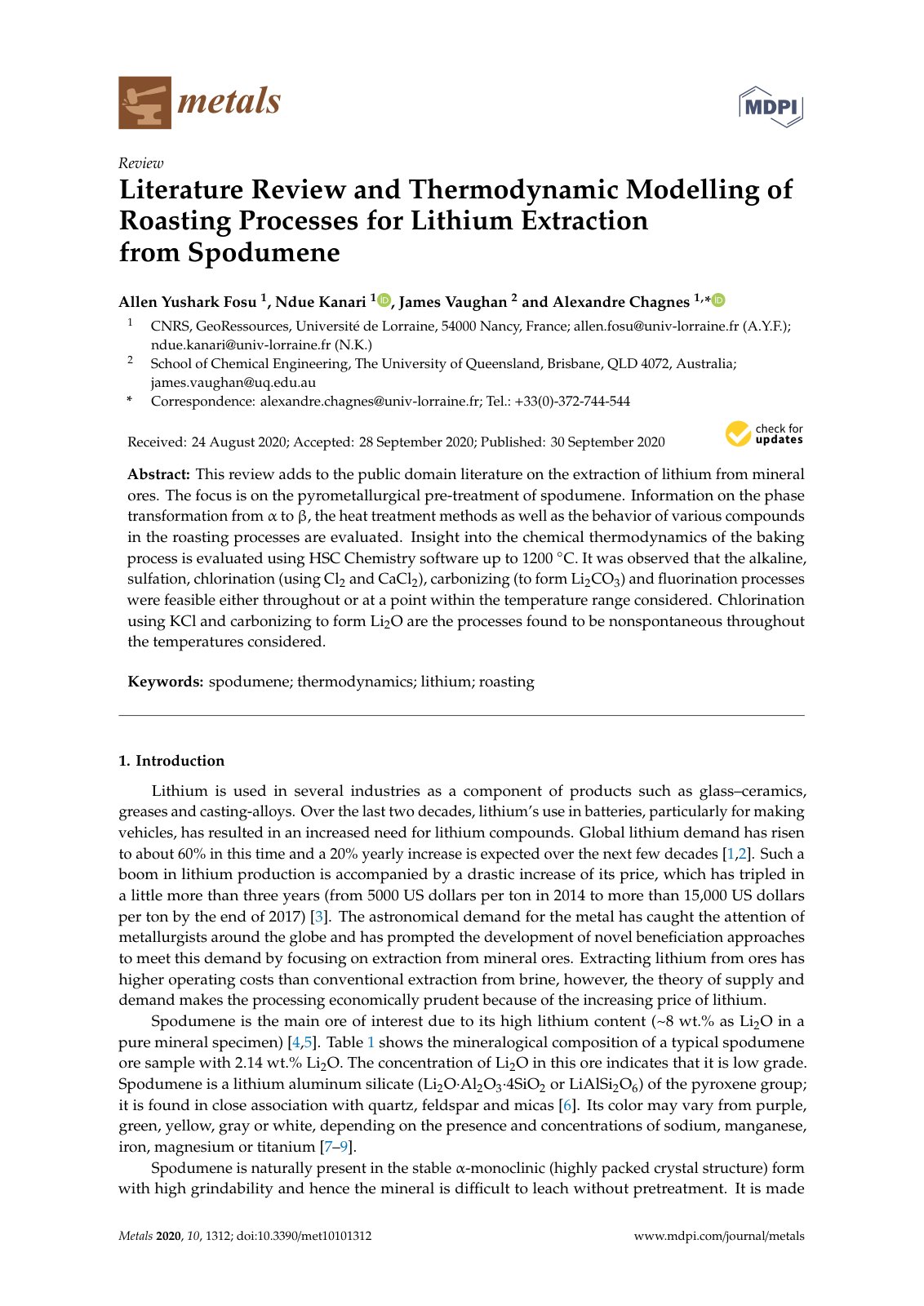 First page of Literature Review and Thermodynamic Modelling of Roasting Processes for Lithium Extraction from Spodumene