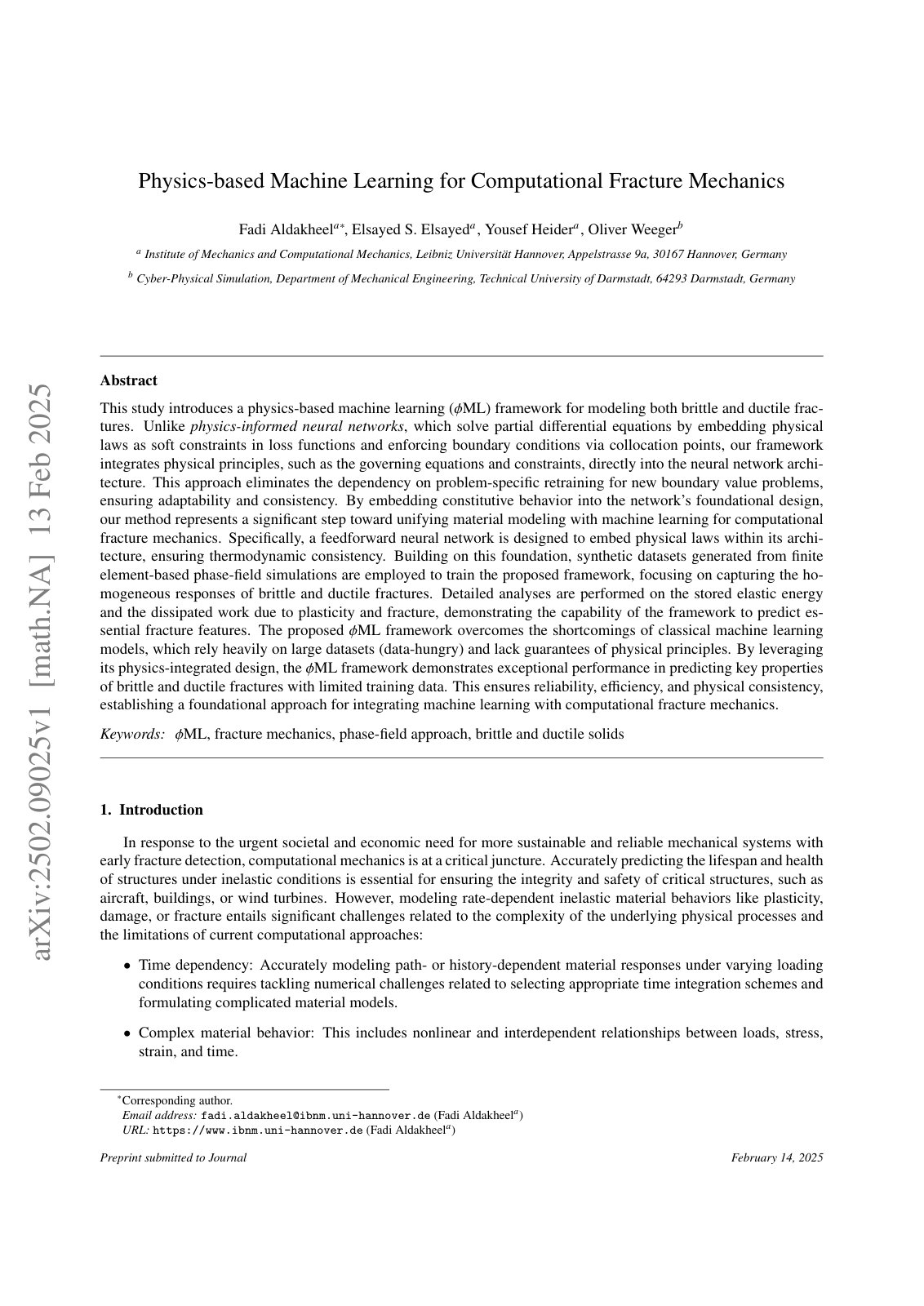 First page of 2025 Aldakheel Physics Based ML Fracture Mechanics