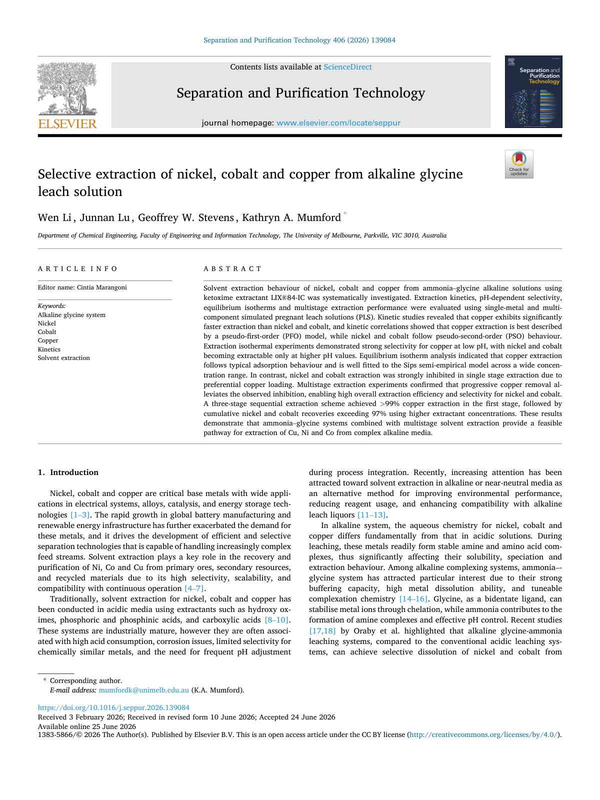 First page of Selective extraction of nickel  cobalt and copper 2026 Separation and Purifi