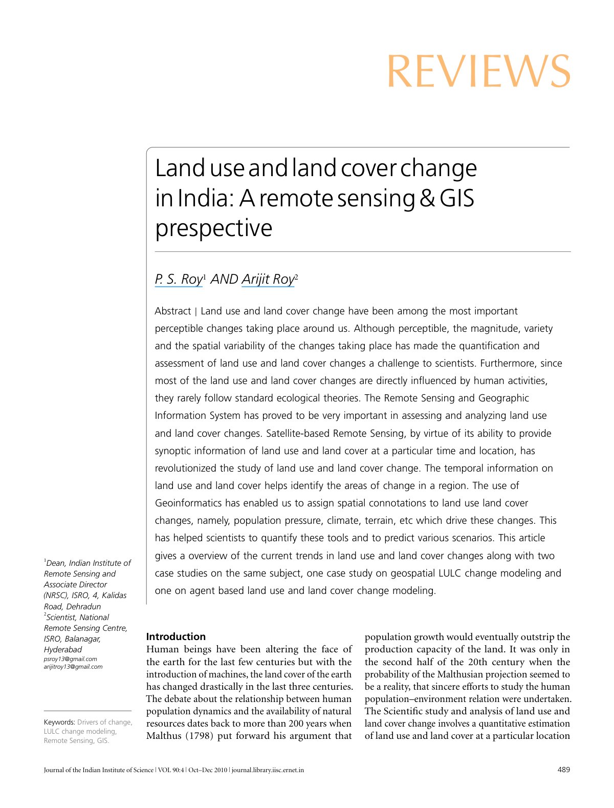 First page of Land Use and Land Cover Change A Remote