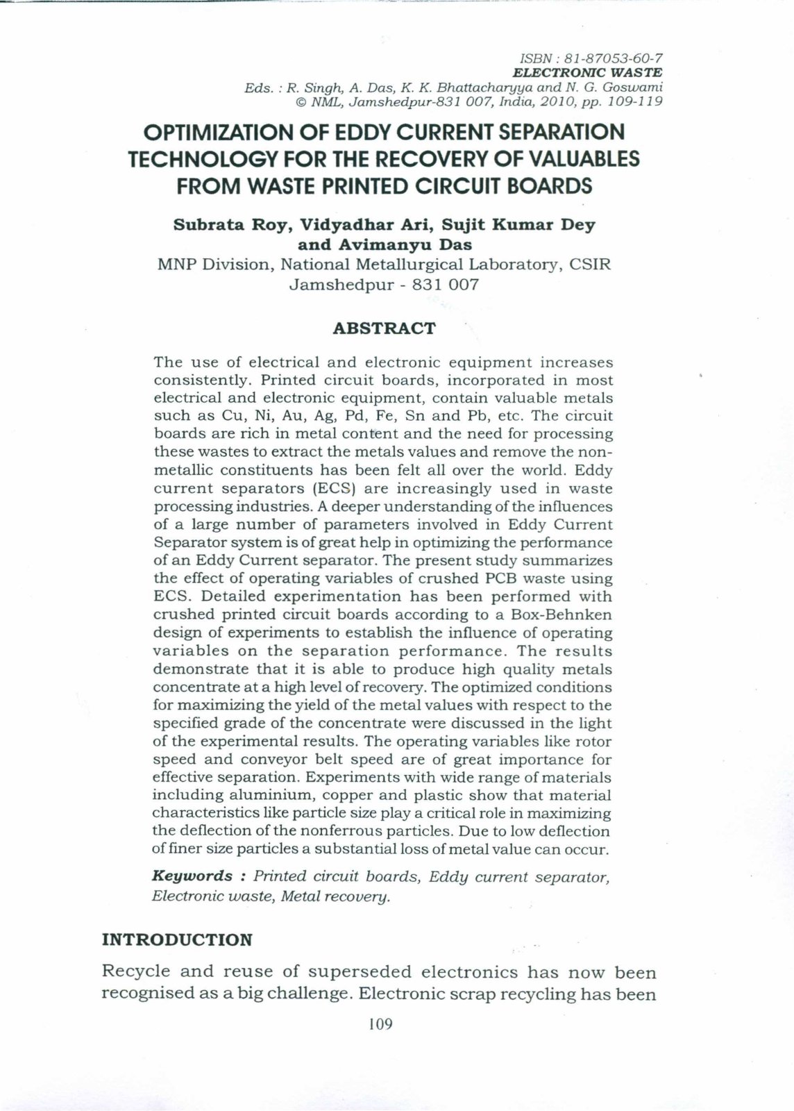 First page of Optimization of Eddy Current Separation
