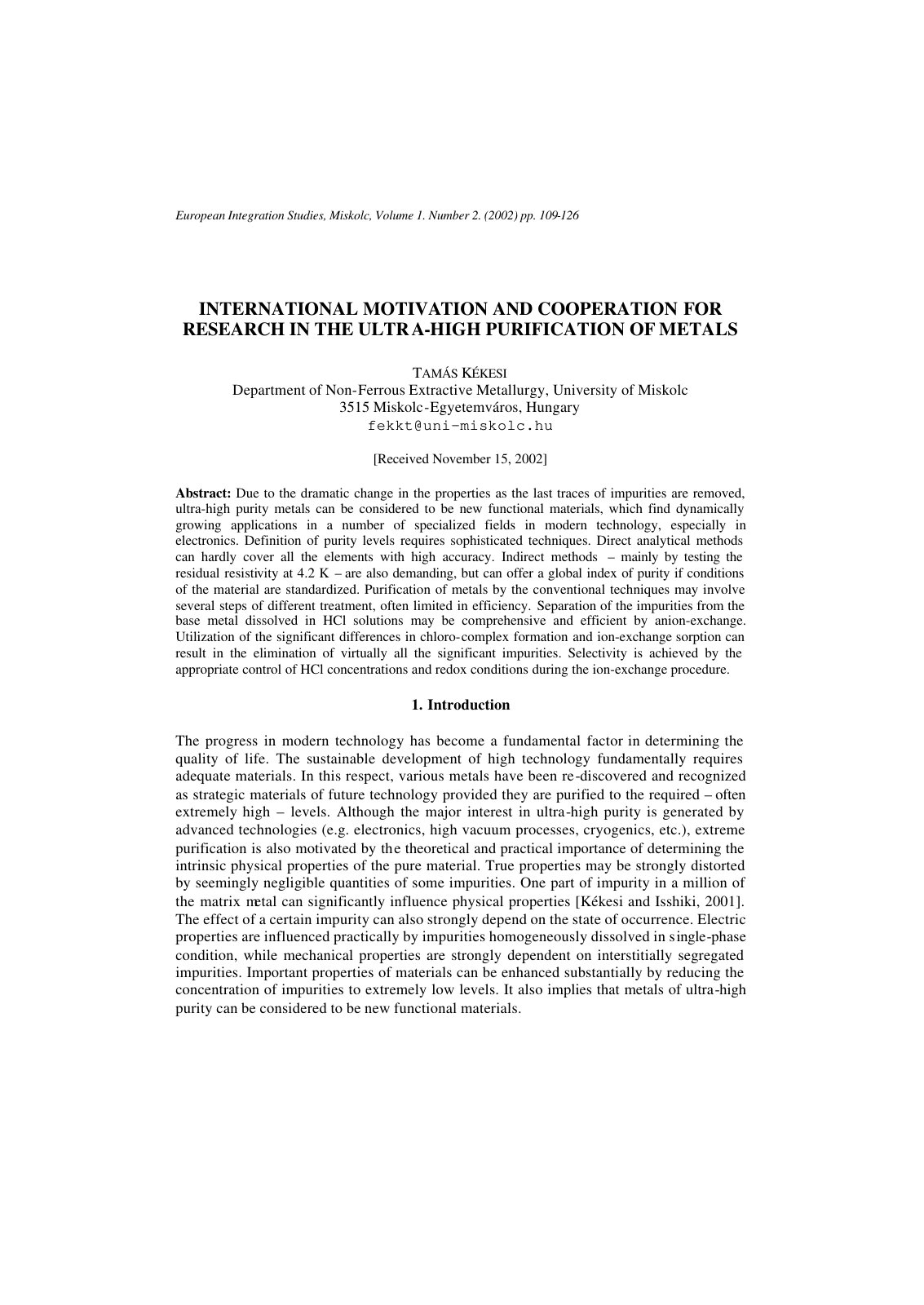 First page of INTERNATIONAL MOTIVATION AND COOPERATION FOR RESEARCH IN THE ULTRA-HIGH PURIFICATION OF METALS
