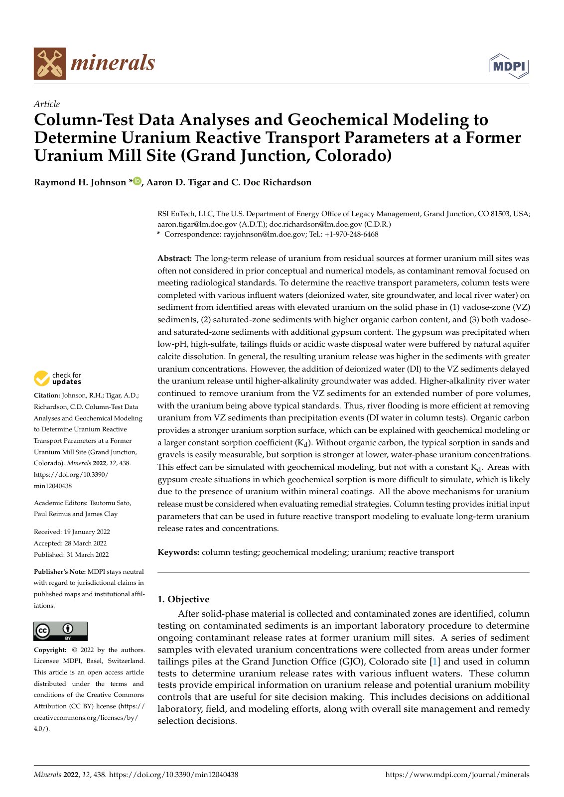 First page of Column-T est Data Analyses and Geochemical Modeling to Determine Uranium Reactive T ransport Parameters at a Former Uranium Mill Site (Grand Junction, Colorado)