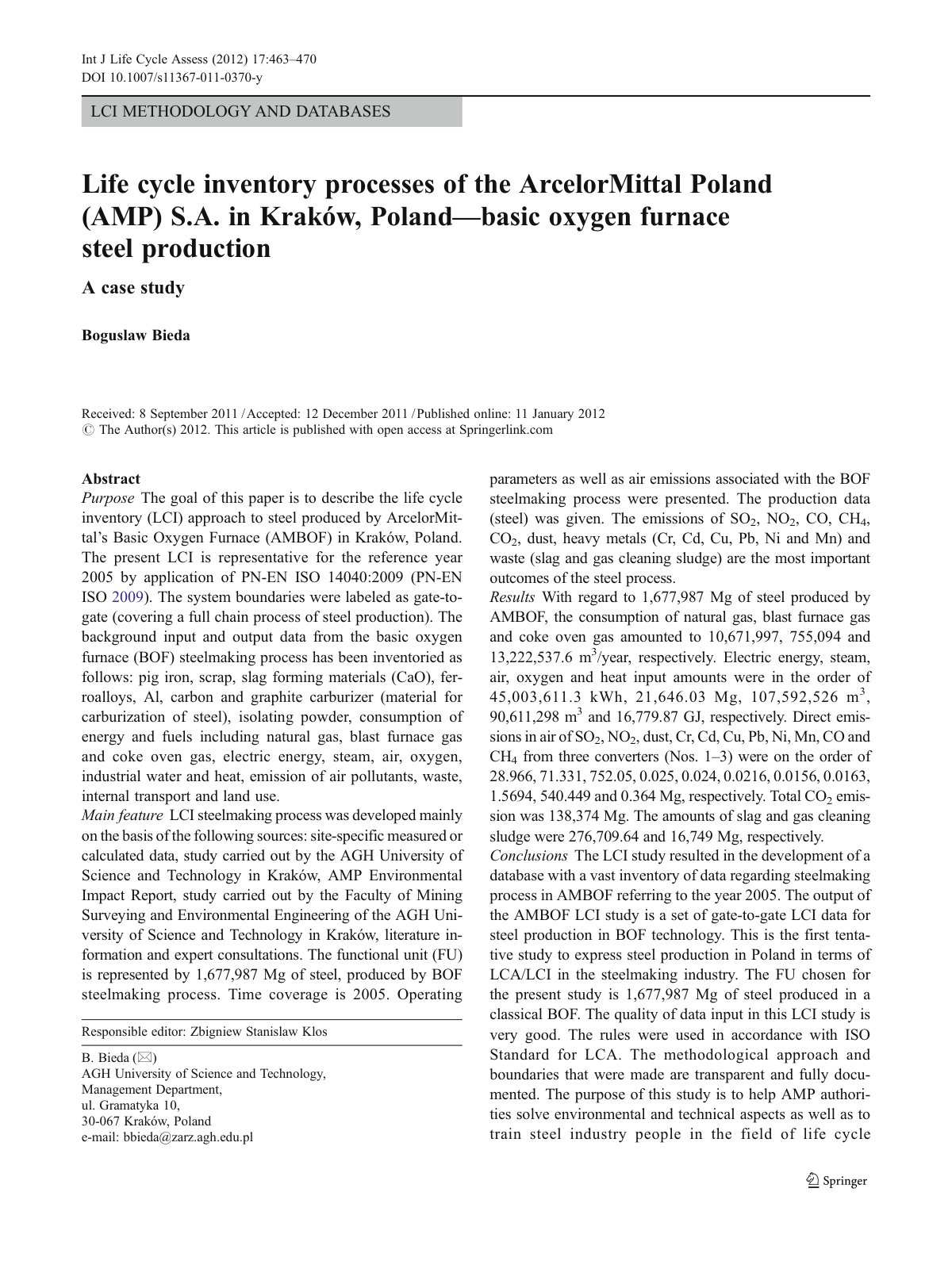 First page of LCI METHODOLOGY AND DATABASES Life cycle inventory processes of the ArcelorMittal Poland (AMP) S.A. in Kraków, Poland—basic oxygen furnace steel production A case study