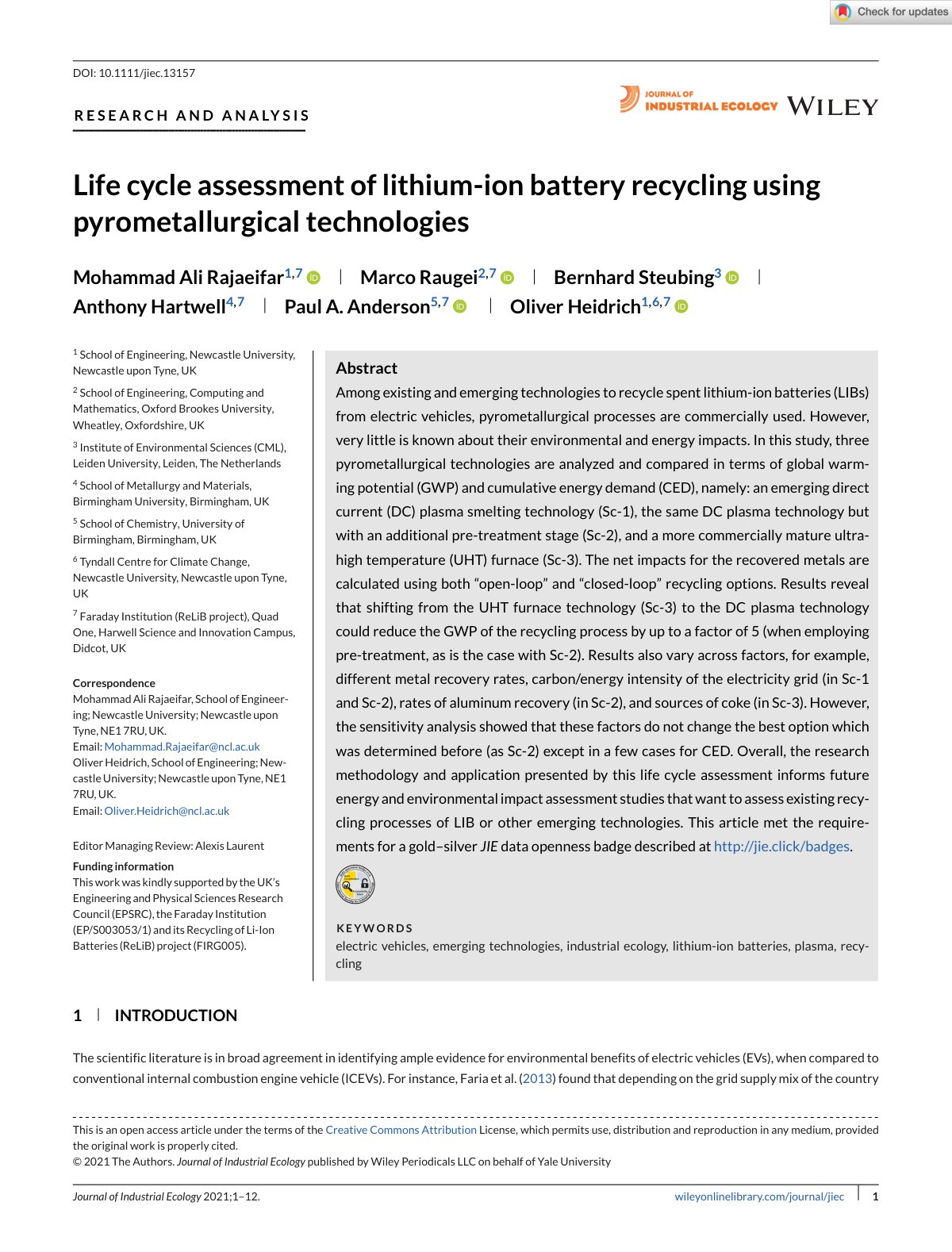 First page of Life cycle assessment of lithium ion bat