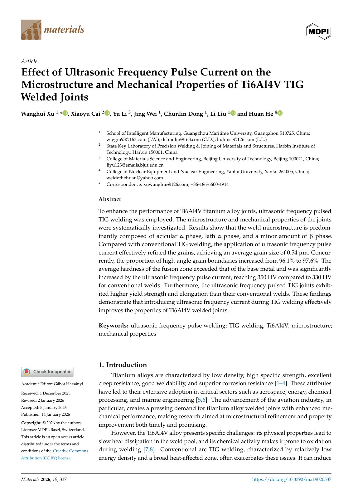 First page of Effect of Ultrasonic Frequency Pulse Current on the Microstructure and Mechanical Properties of Ti6Al4V TIG Welded Joints
