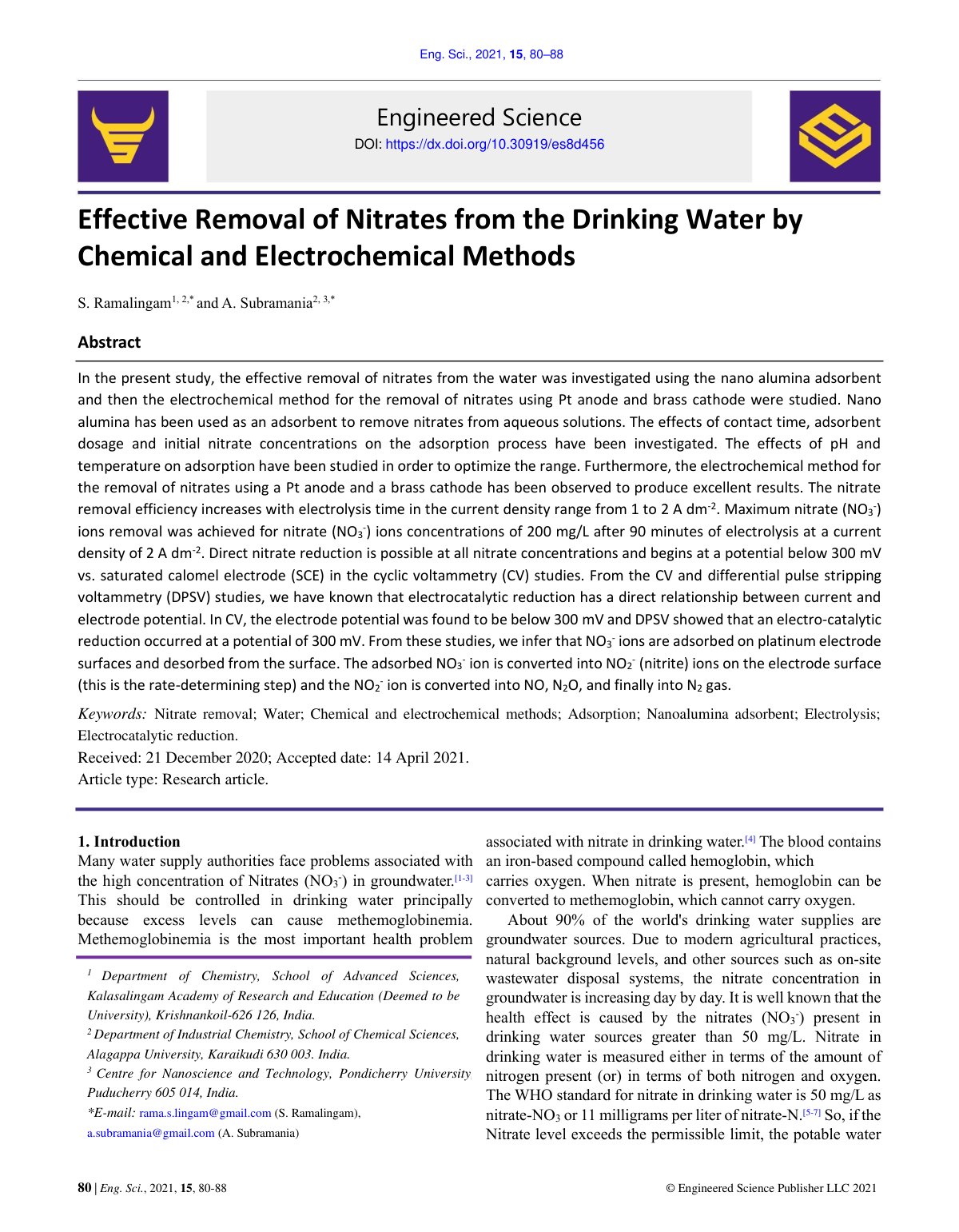 First page of Effective Removal of Nitrates from the Drinking Water by Chemical and Electrochemical Methods