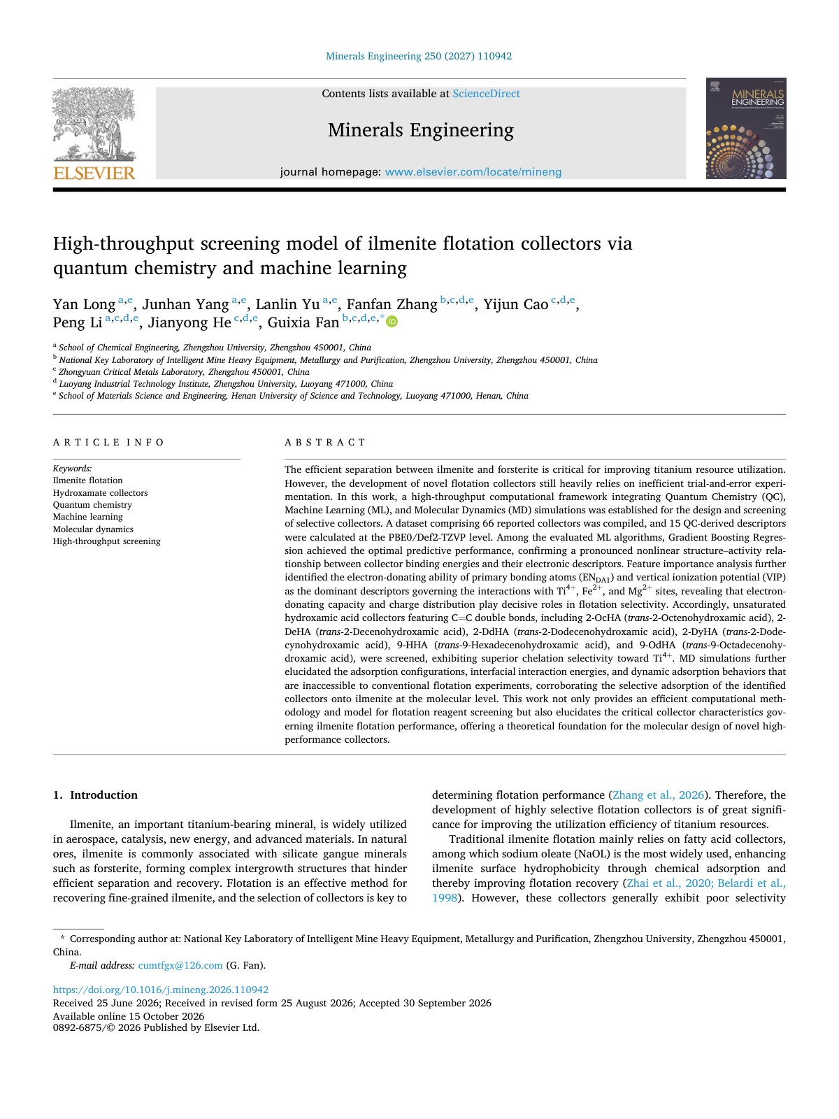 First page of High throughput screening model of ilmenite flotation colle 2027 Minerals En