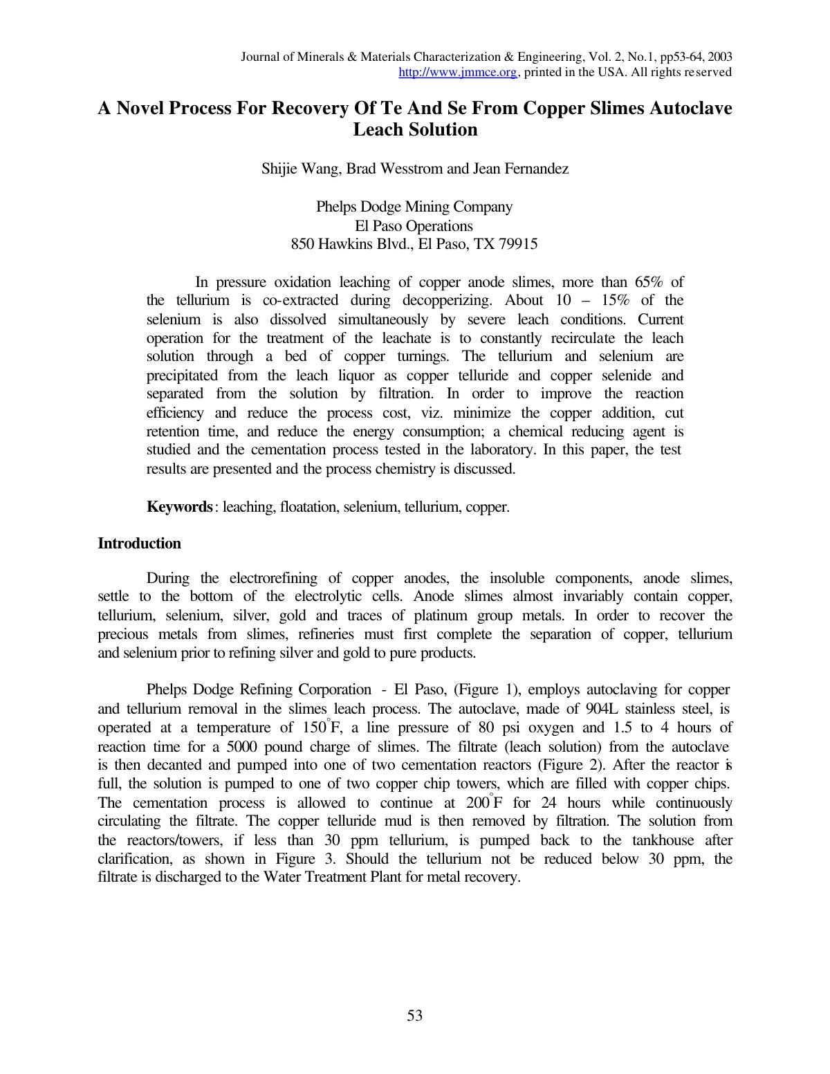 First page of A Novel Process For Recovery Of Te And S